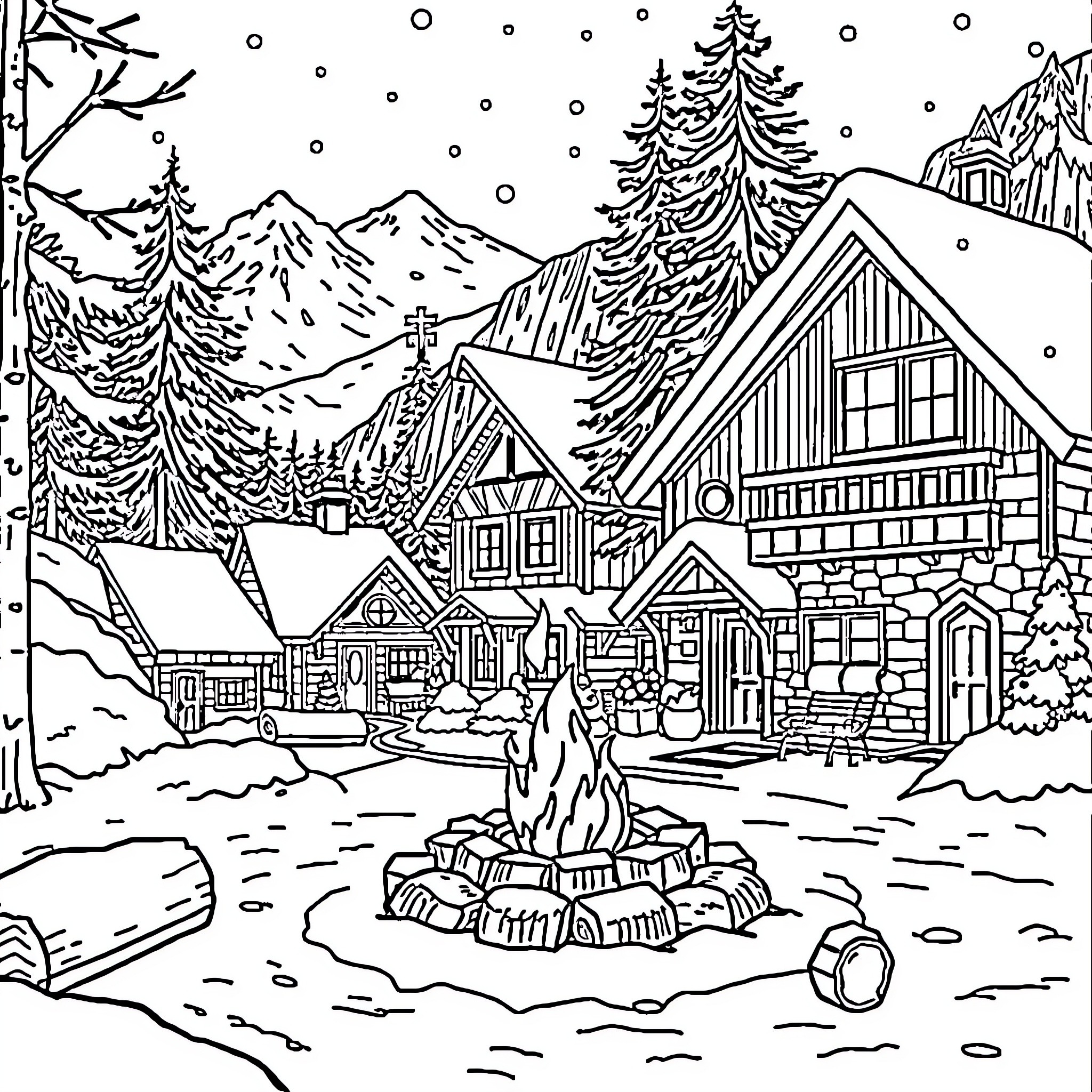 Mountain village in winter wonderland Coloring Page (free black-and-white line drawing printable PDF for all, from beginners to advanced learners, including children, teens, adults, and seniors)