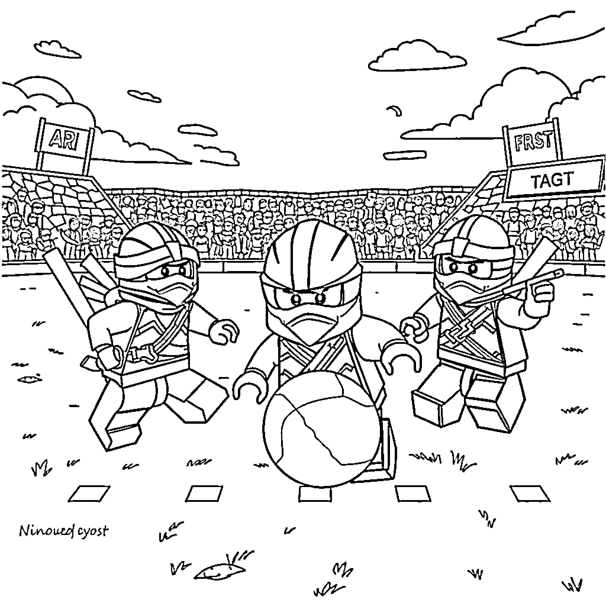 Lego Ninjago Warriors Battling in Arena Coloring Page (free black-and-white line drawing printable PDF for all, from beginners to advanced learners, including children, teens, adults, and seniors)