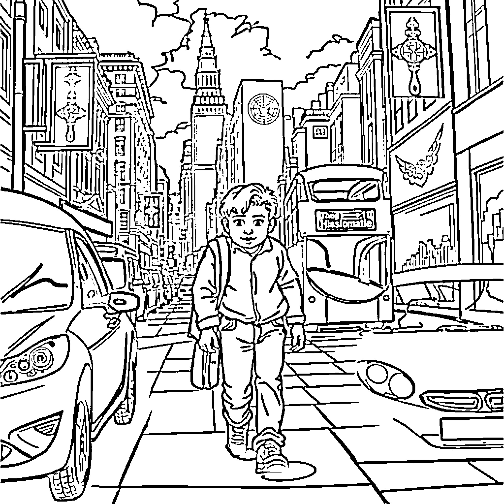 Bobby exploring the bustling city streets Coloring Page (free black-and-white line drawing printable PDF for all, from beginners to advanced learners, including children, teens, adults, and seniors)