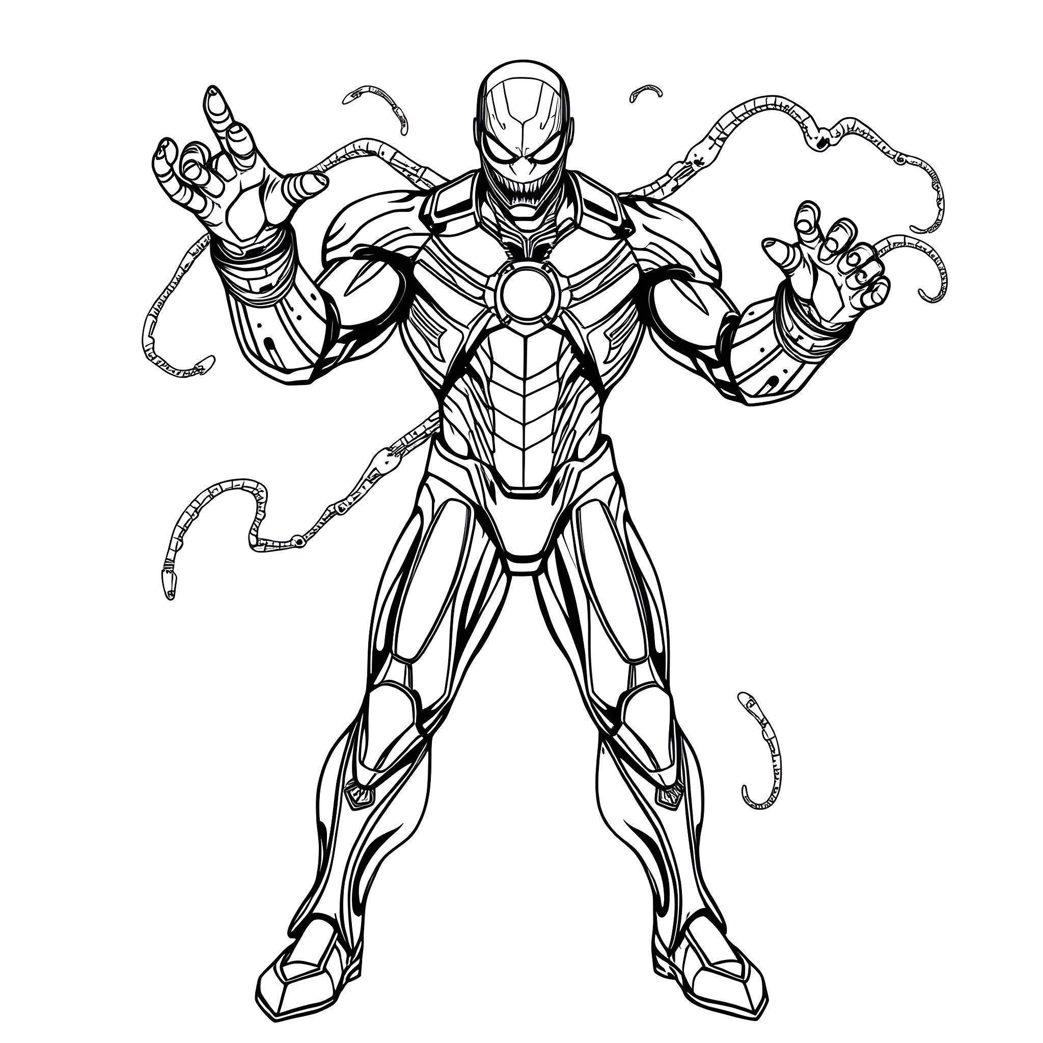 Iron Venom - Powerful Cybernetic Warrior Coloring Page (free black-and-white line drawing printable PDF for all, from beginners to advanced learners, including children, teens, adults, and seniors)