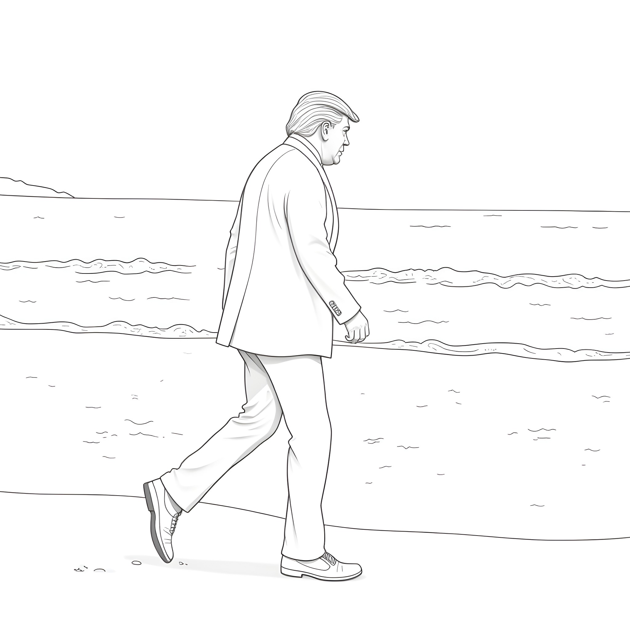 Trump in a pensive moment by the ocean Coloring Page (free black-and-white line drawing printable PDF for all, from beginners to advanced learners, including children, teens, adults, and seniors)