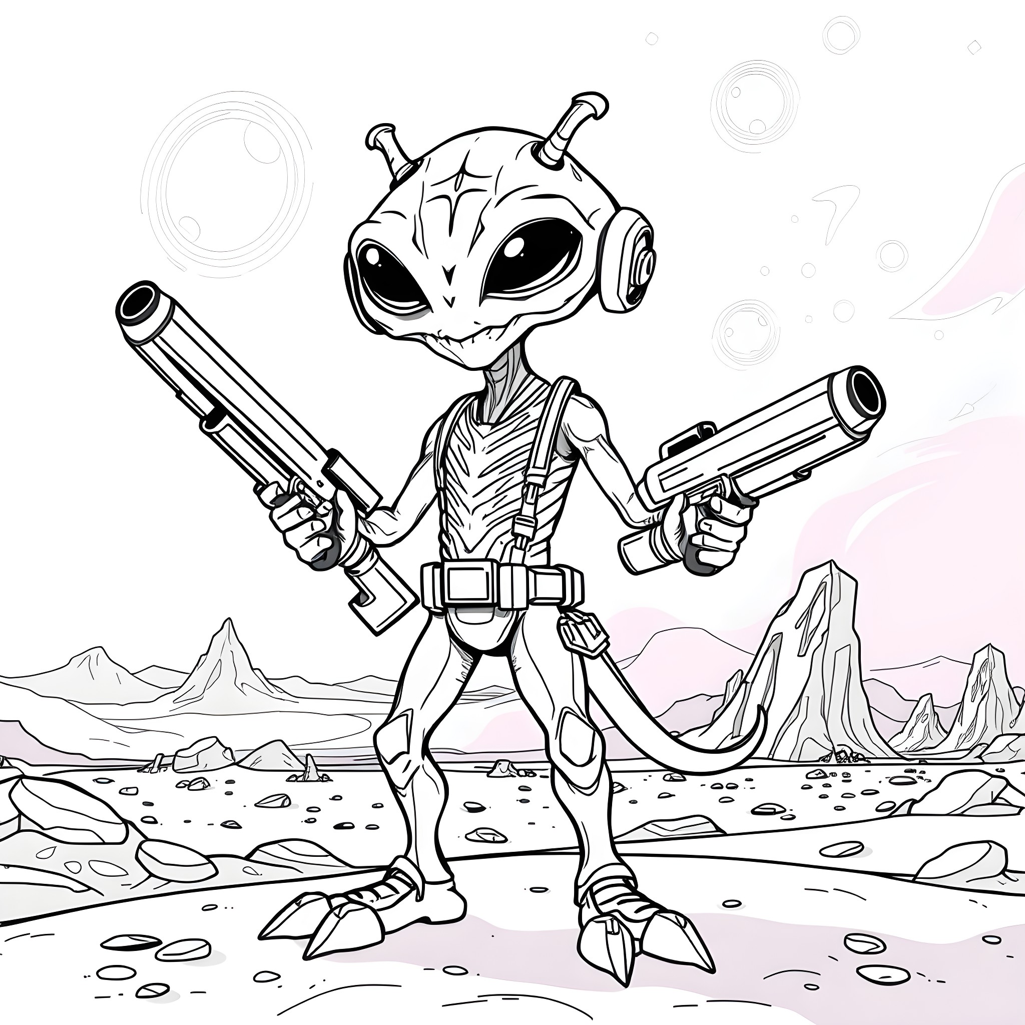Gnarpy alien warrior wielding dual blasters in a desert landscape Coloring Page (free black-and-white line drawing printable PDF for all, from beginners to advanced learners, including children, teens, adults, and seniors)