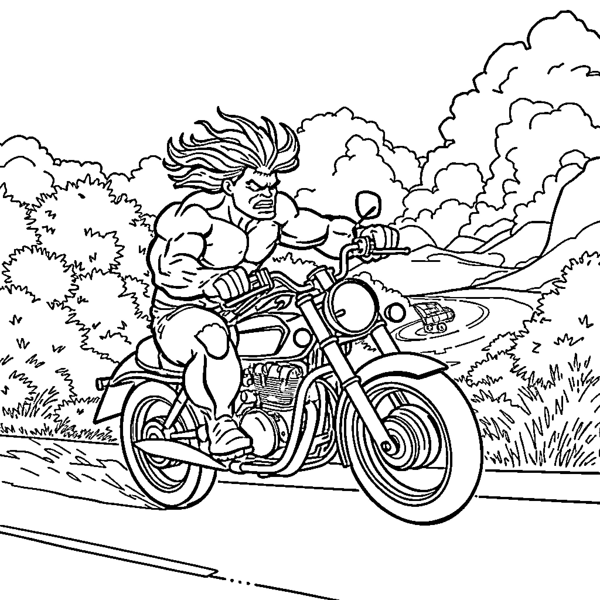 Hulk riding a motorcycle through the wilderness Coloring Page (free black-and-white line drawing printable PDF for all, from beginners to advanced learners, including children, teens, adults, and seniors)