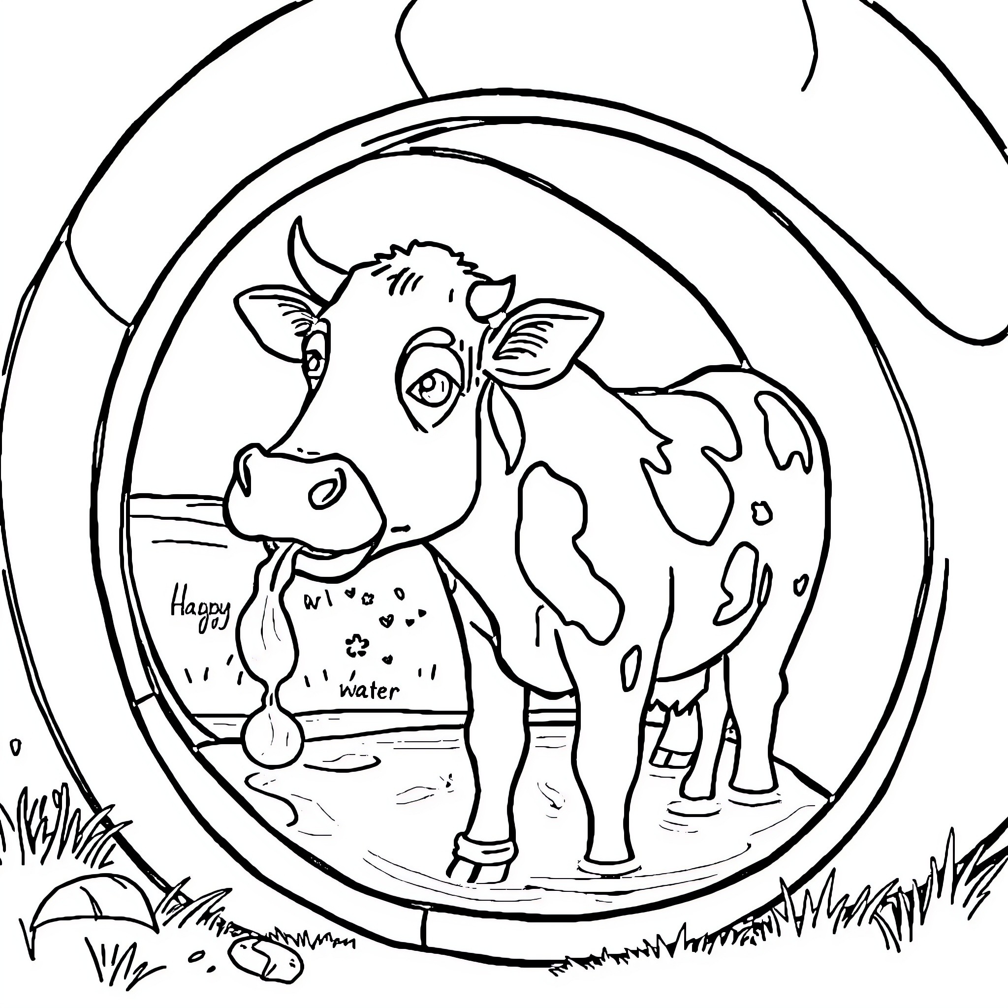 Cow drinking water in a field Coloring Page (free black-and-white line drawing printable PDF for all, from beginners to advanced learners, including children, teens, adults, and seniors)