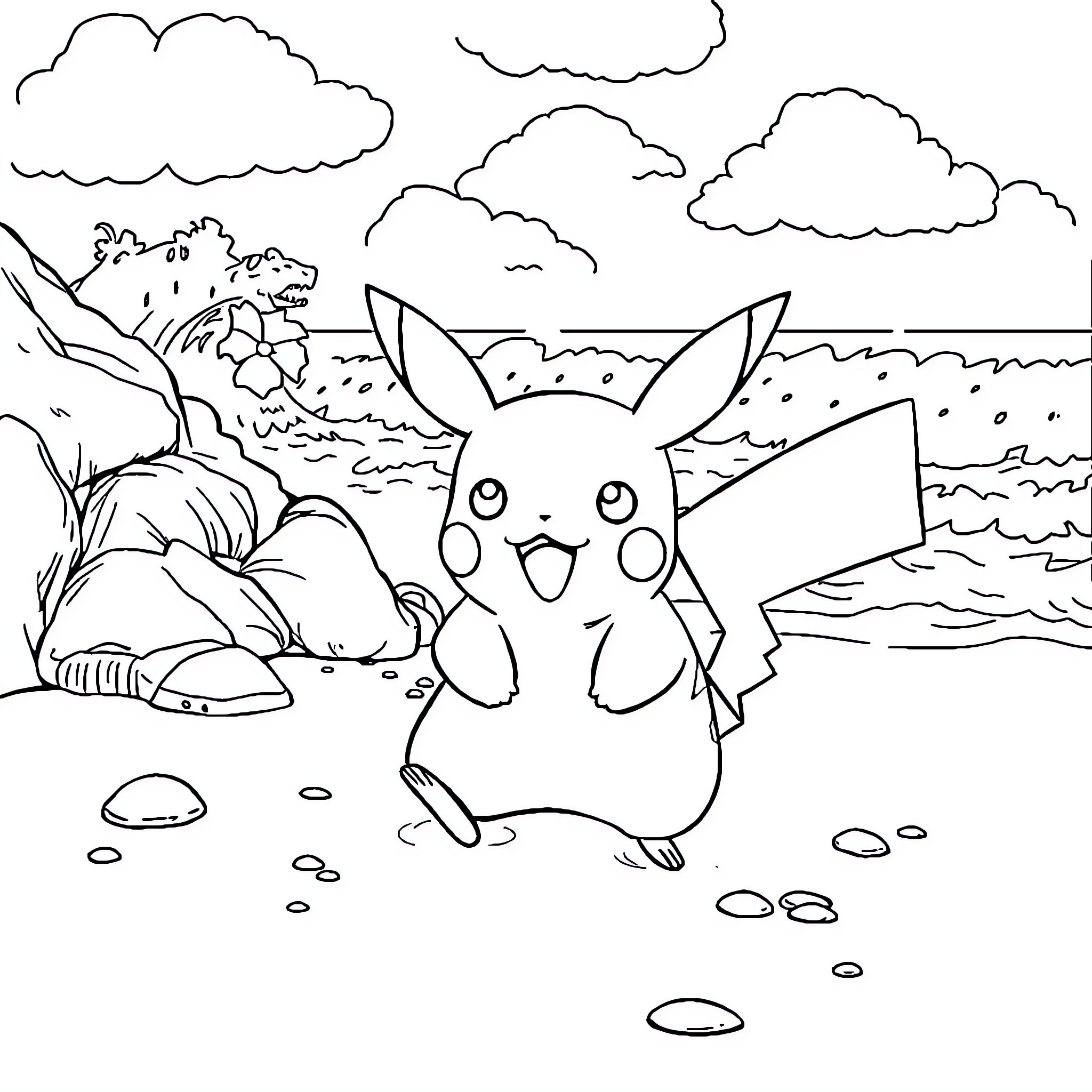 Pikachu enjoying the outdoors in a scenic landscape Coloring Page (free black-and-white line drawing printable PDF for all, from beginners to advanced learners, including children, teens, adults, and seniors)