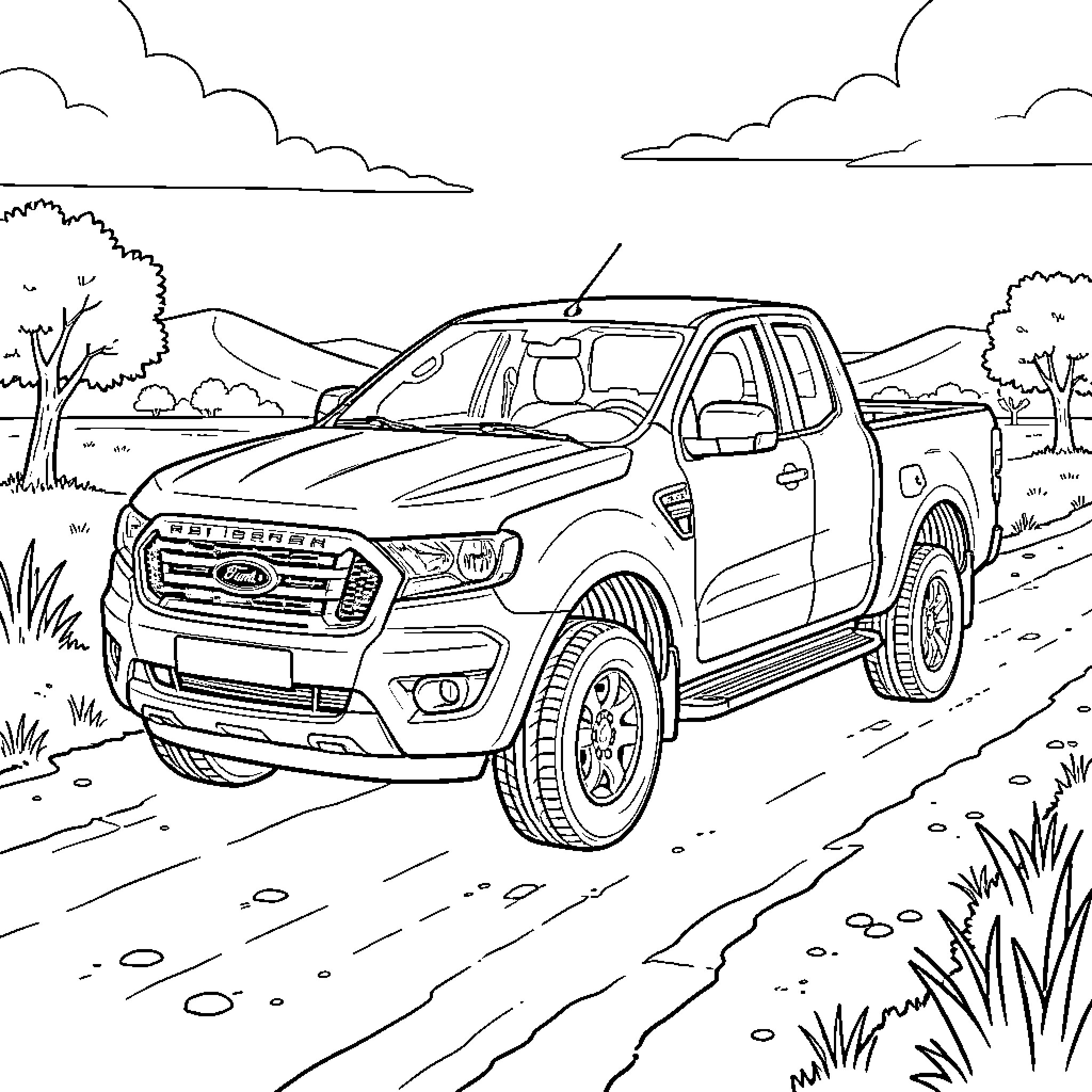 Ford Ranger driving along a scenic dirt road Coloring Page (free black-and-white line drawing printable PDF for all, from beginners to advanced learners, including children, teens, adults, and seniors)