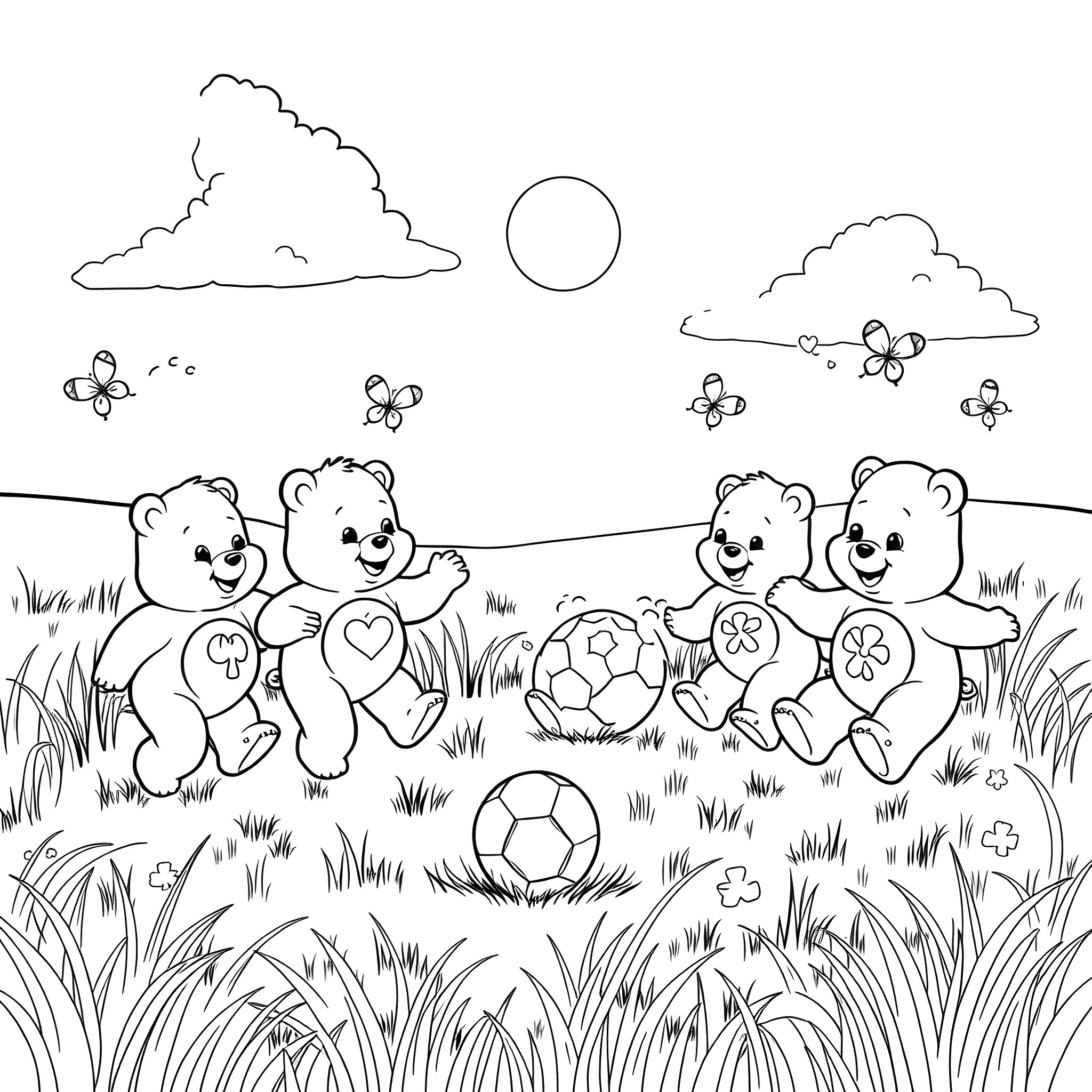 Care Bear friends playing soccer in the meadow Coloring Page (free black-and-white line drawing printable PDF for all, from beginners to advanced learners, including children, teens, adults, and seniors)
