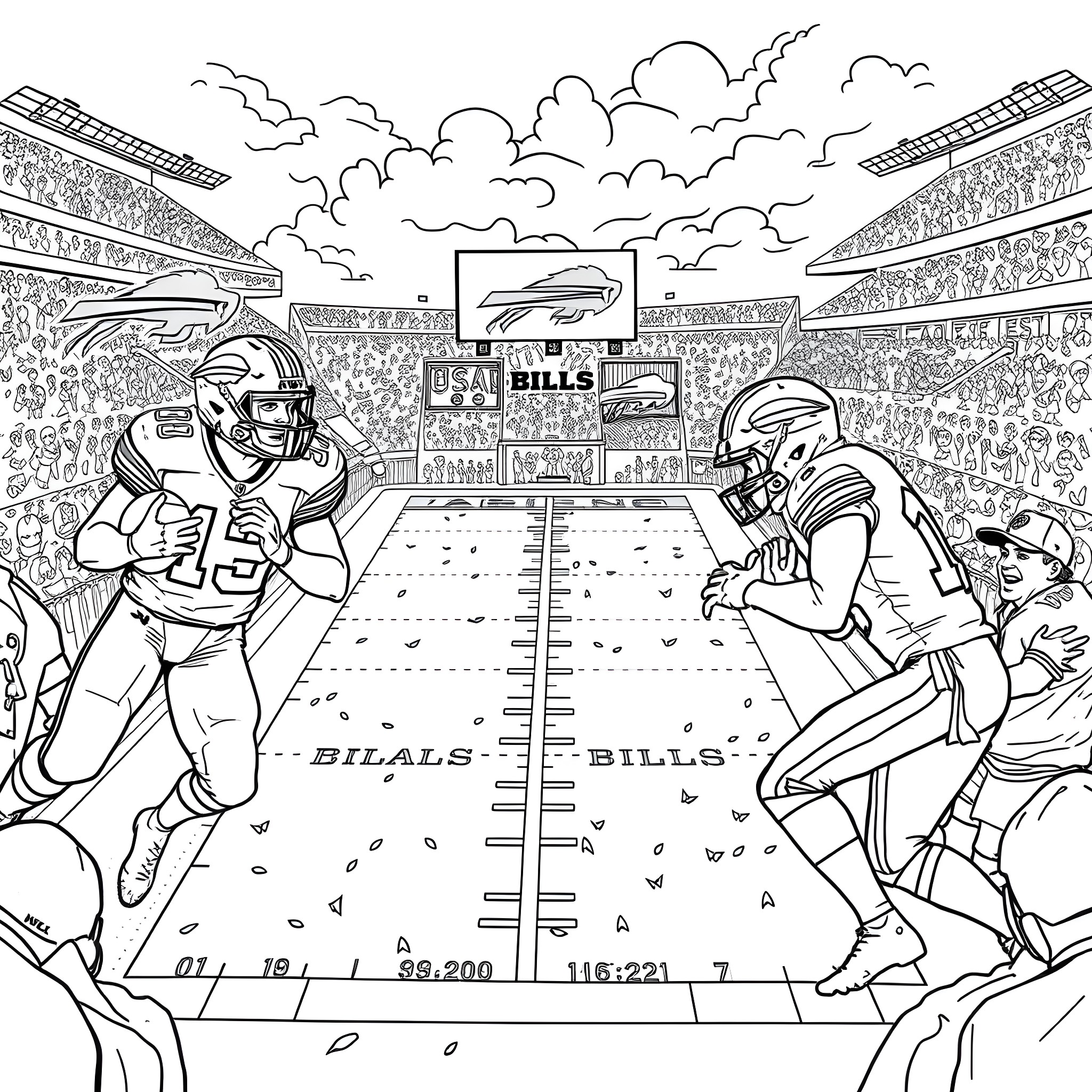 Buffalo football players facing off on the field Coloring Page (free black-and-white line drawing printable PDF for all, from beginners to advanced learners, including children, teens, adults, and seniors)