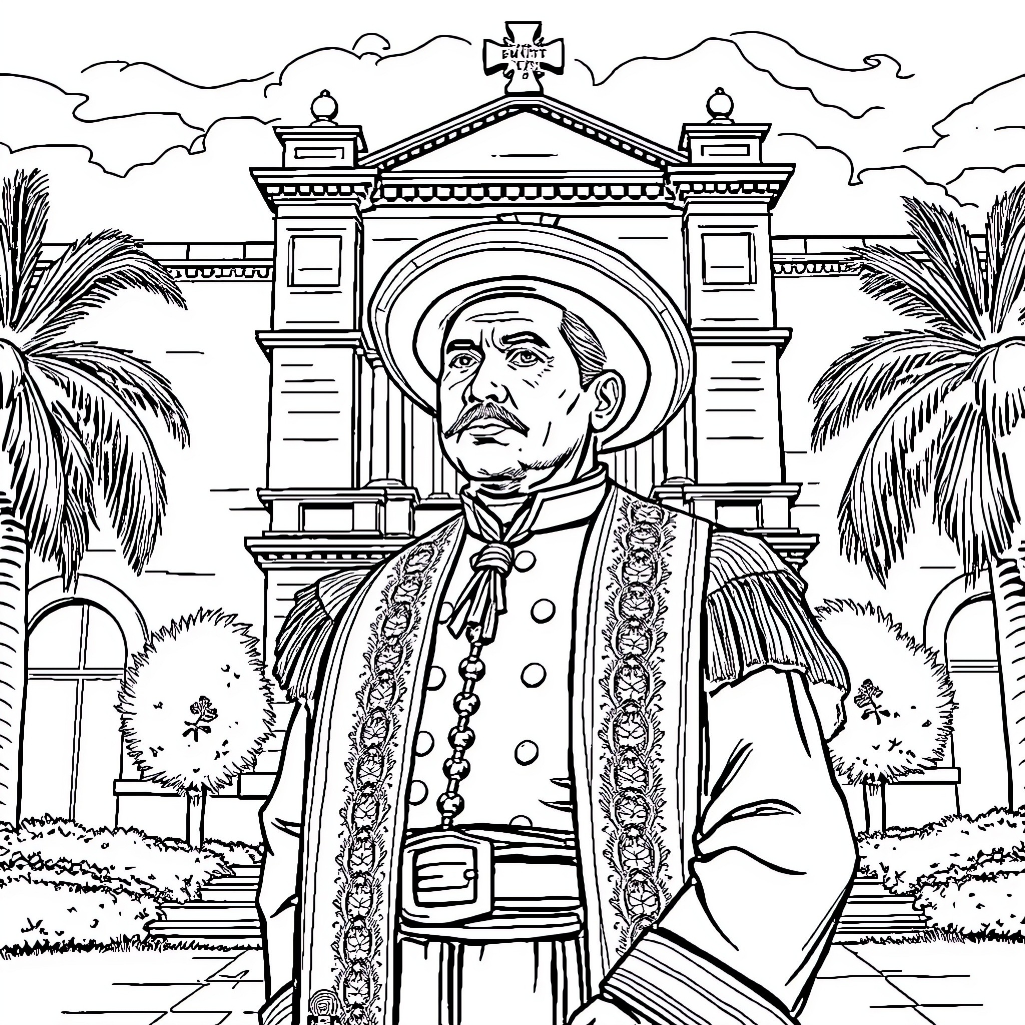 Benito Juárez posing in ceremonial attire in front of ornate building Coloring Page (free black-and-white line drawing printable PDF for all, from beginners to advanced learners, including children, teens, adults, and seniors)