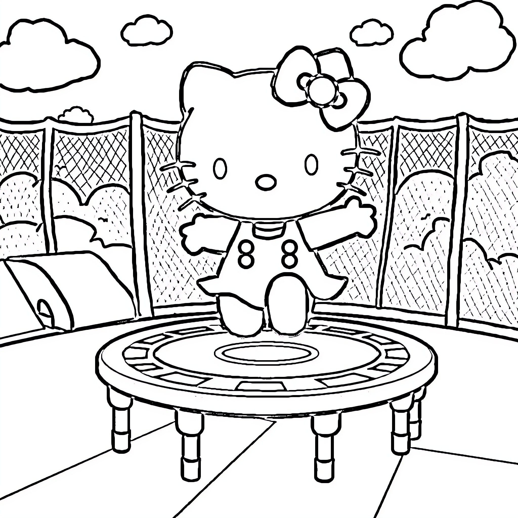 Hello Kitty playing happily on trampoline Coloring Page (free black-and-white line drawing printable PDF for all, from beginners to advanced learners, including children, teens, adults, and seniors)