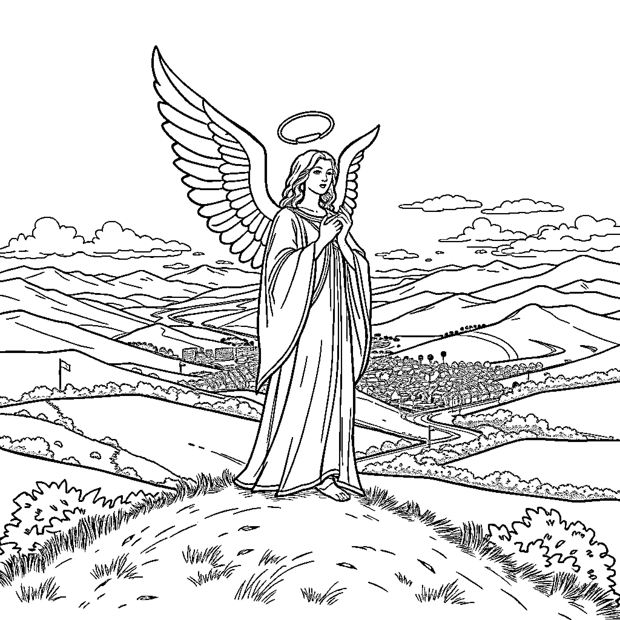 Angel overlooking a serene landscape Coloring Page (free black-and-white line drawing printable PDF for all, from beginners to advanced learners, including children, teens, adults, and seniors)