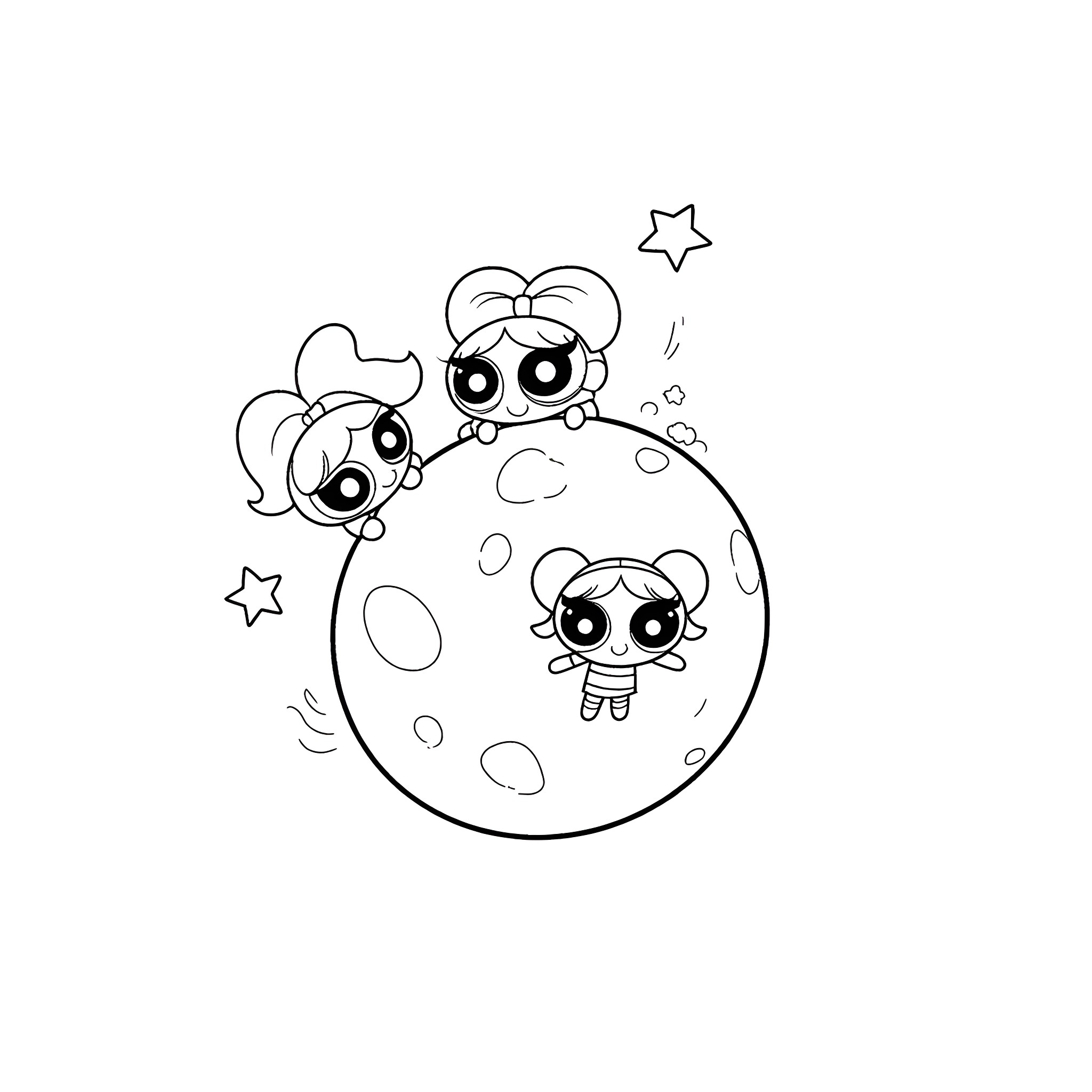 Powerpuff Girls on a Celestial Adventure Coloring Page (free black-and-white line drawing printable PDF for all, from beginners to advanced learners, including children, teens, adults, and seniors)
