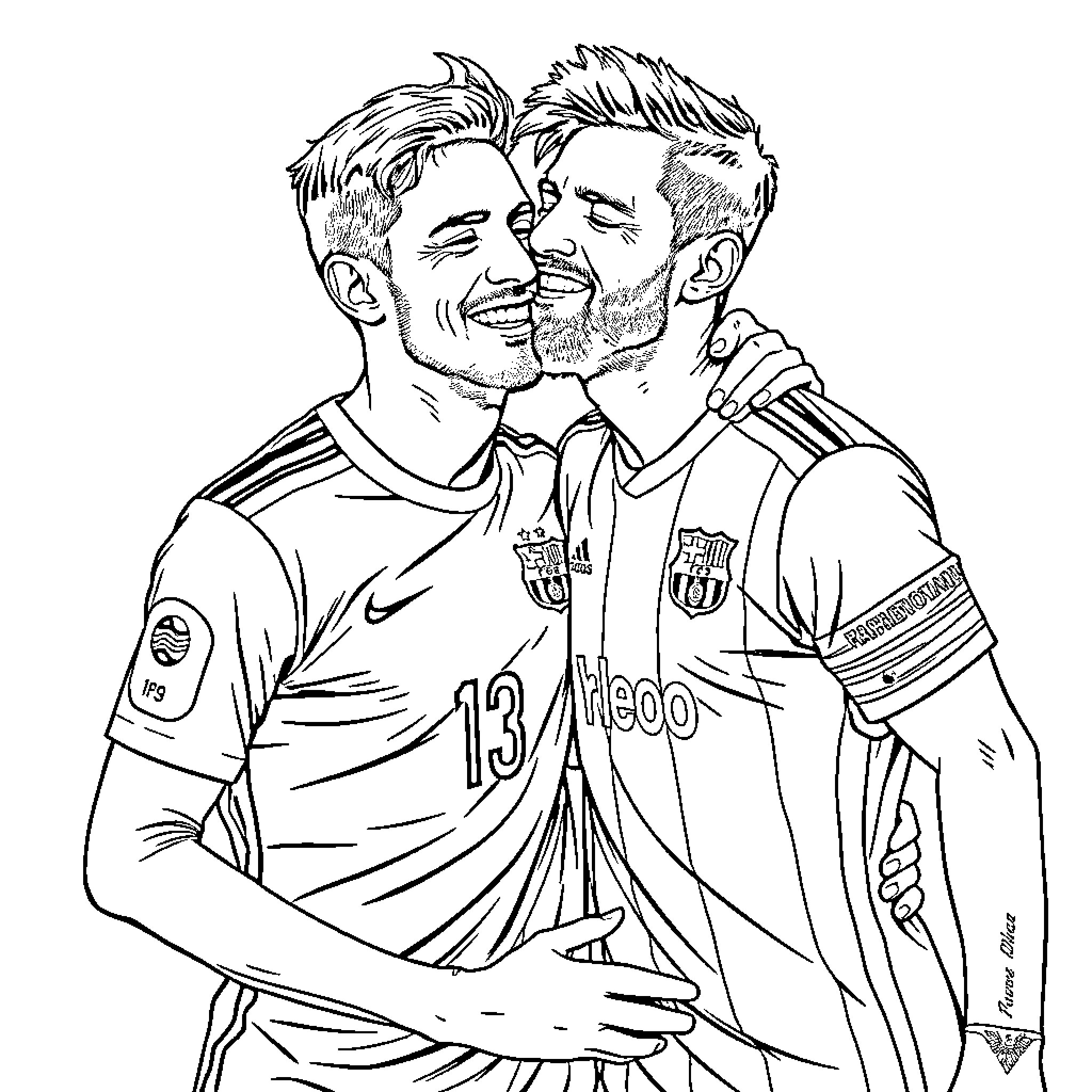 Cristiano and Messi embracing in celebration Coloring Page (free black-and-white line drawing printable PDF for all, from beginners to advanced learners, including children, teens, adults, and seniors)