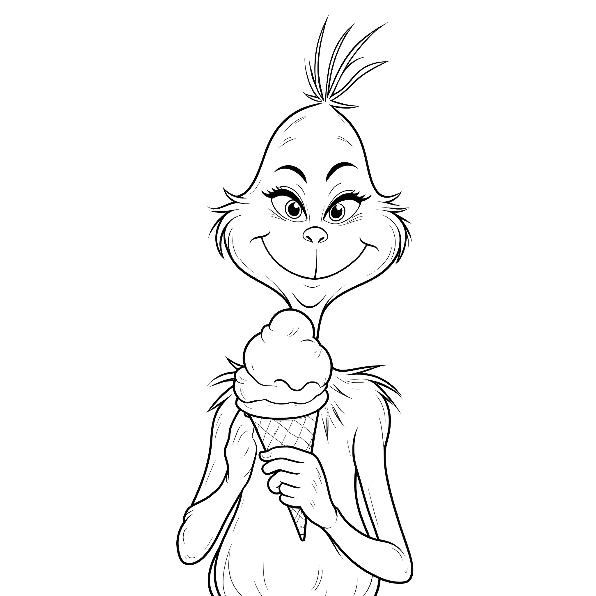 Grinch character with ice cream cone Coloring Page (free black-and-white line drawing printable PDF for all, from beginners to advanced learners, including children, teens, adults, and seniors)