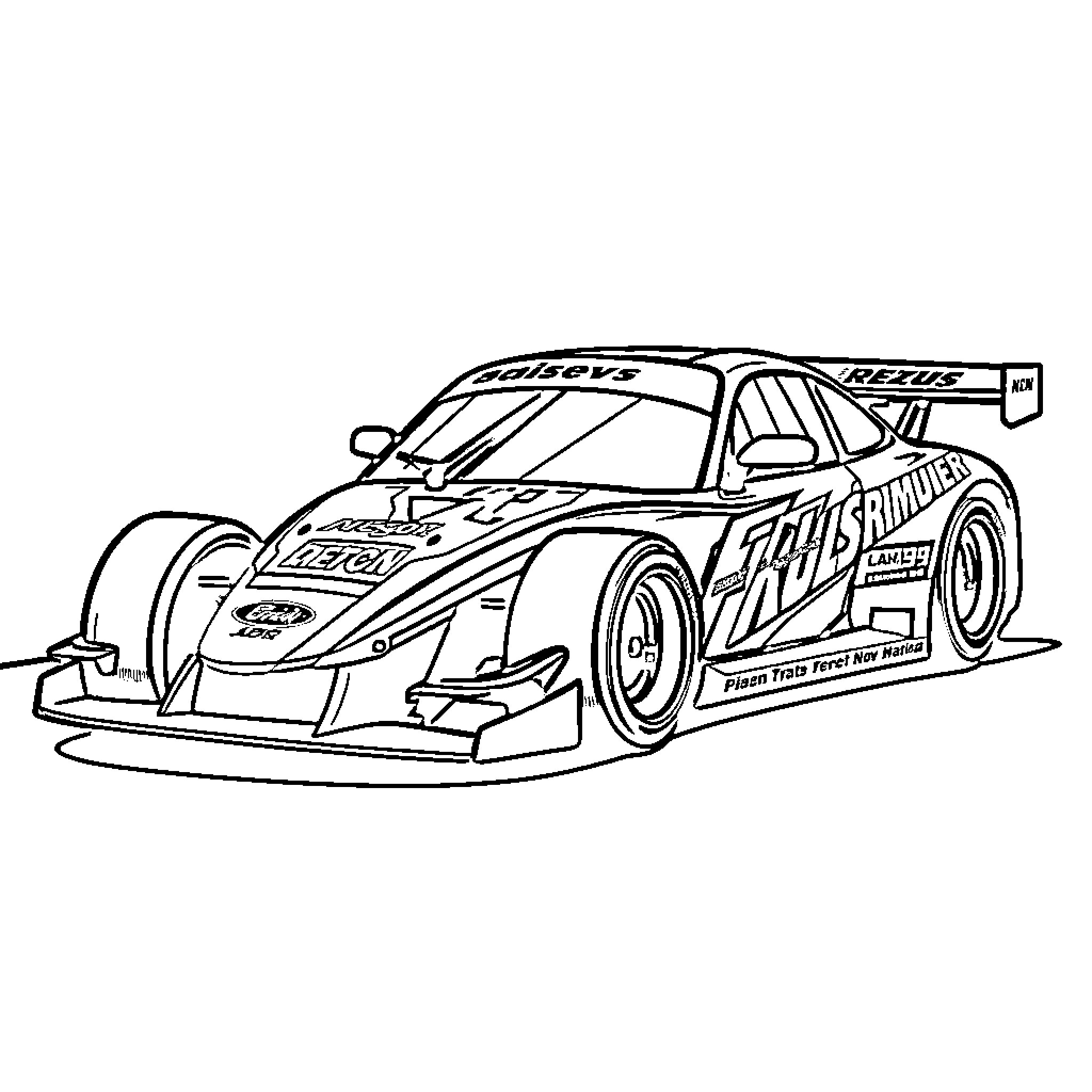 Race Car Speeding Down the Track Coloring Page (free black-and-white line drawing printable PDF for all, from beginners to advanced learners, including children, teens, adults, and seniors)