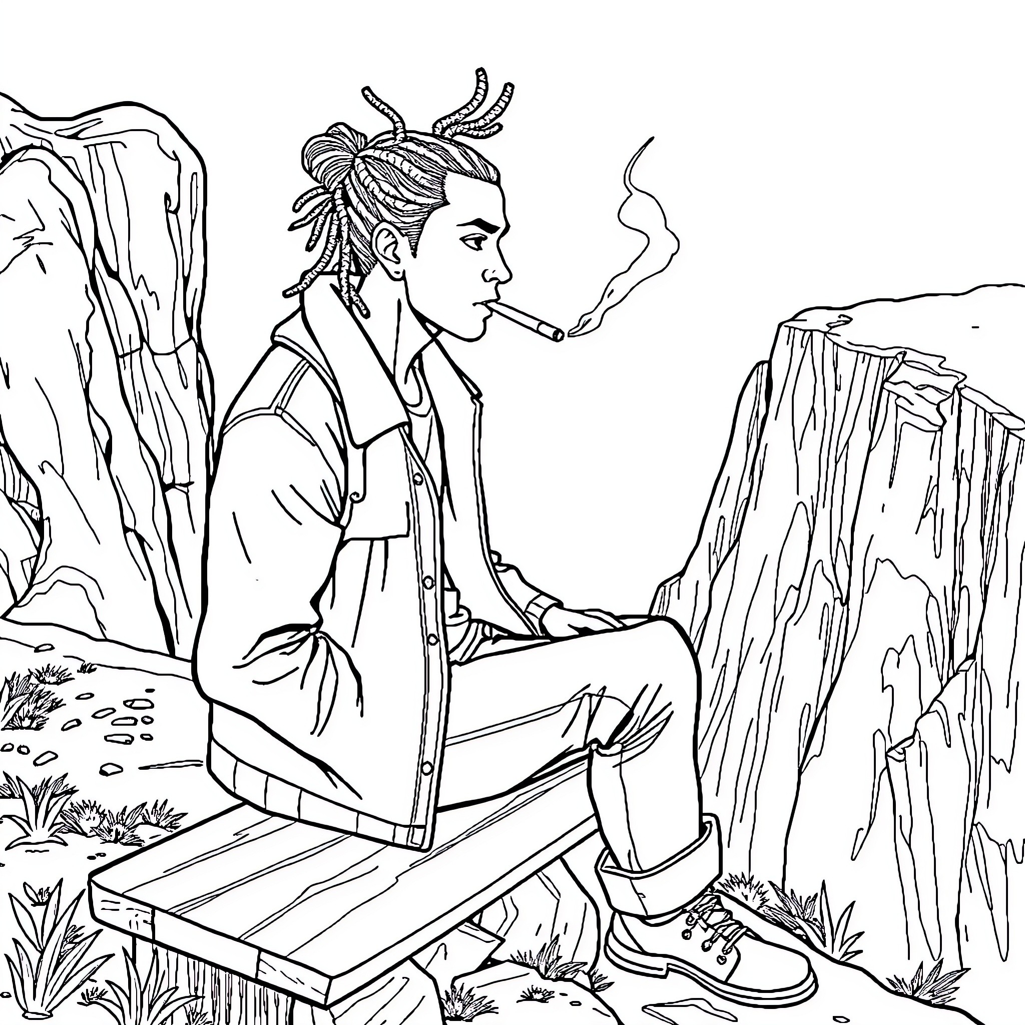 Man sitting on a cliff and smoking Coloring Page (free black-and-white line drawing printable PDF for all, from beginners to advanced learners, including children, teens, adults, and seniors)
