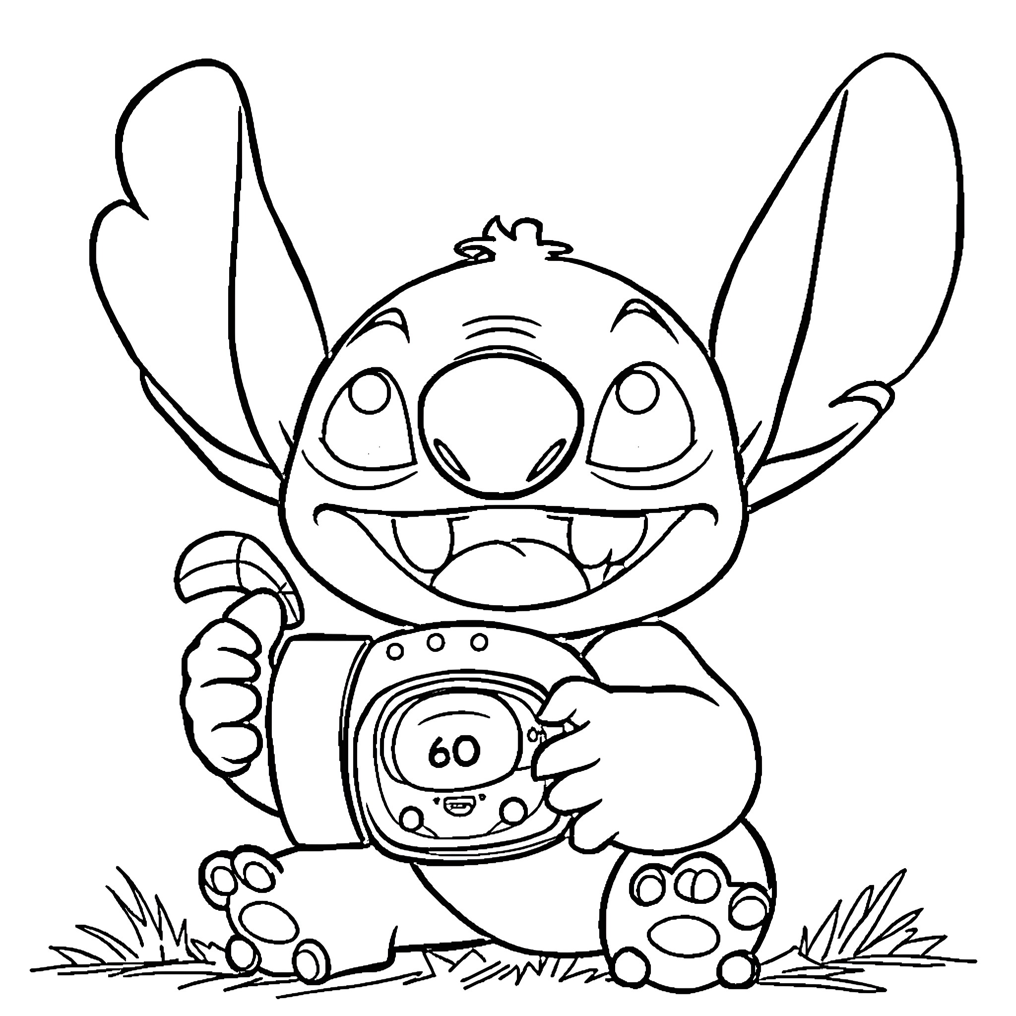 Stitch holding a mysterious object Coloring Page (free black-and-white line drawing printable PDF for all, from beginners to advanced learners, including children, teens, adults, and seniors)