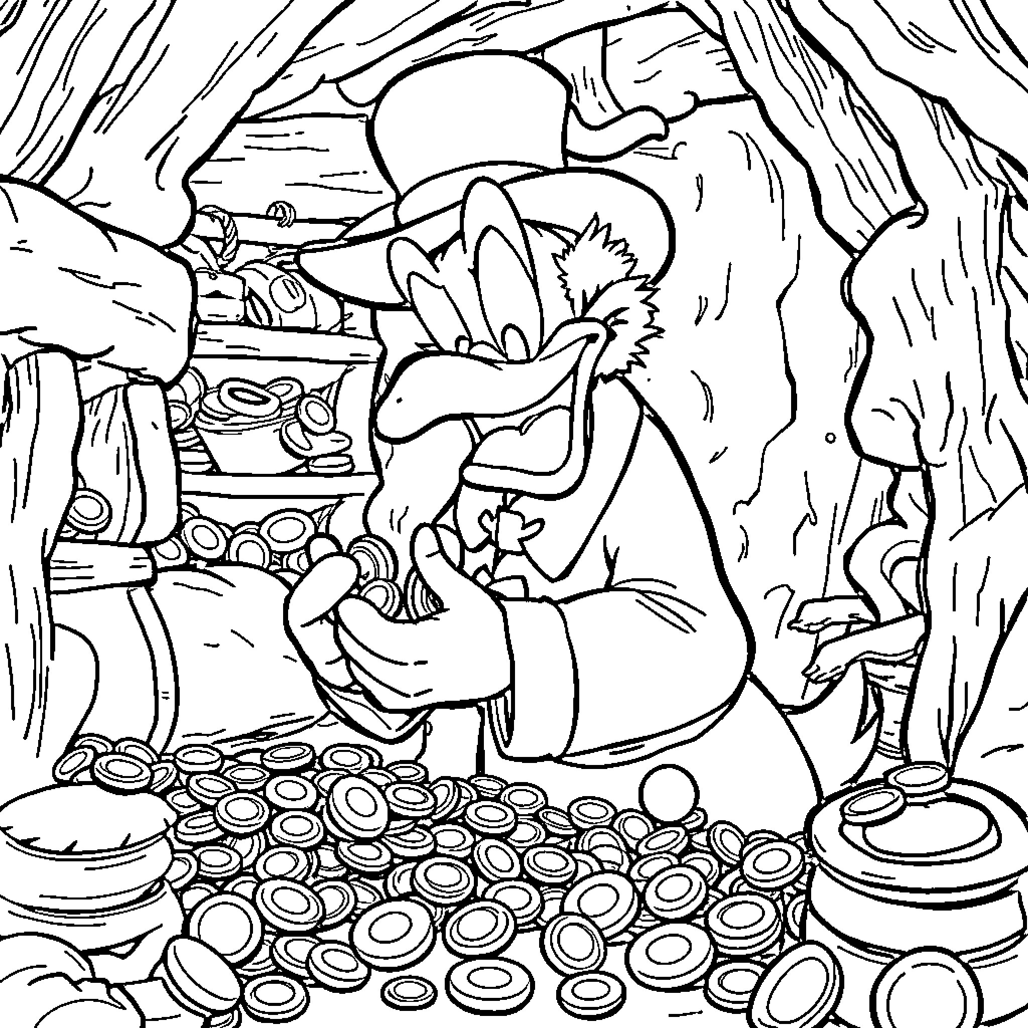 Picsou's Treasure Trove Coloring Page (free black-and-white line drawing printable PDF for all, from beginners to advanced learners, including children, teens, adults, and seniors)
