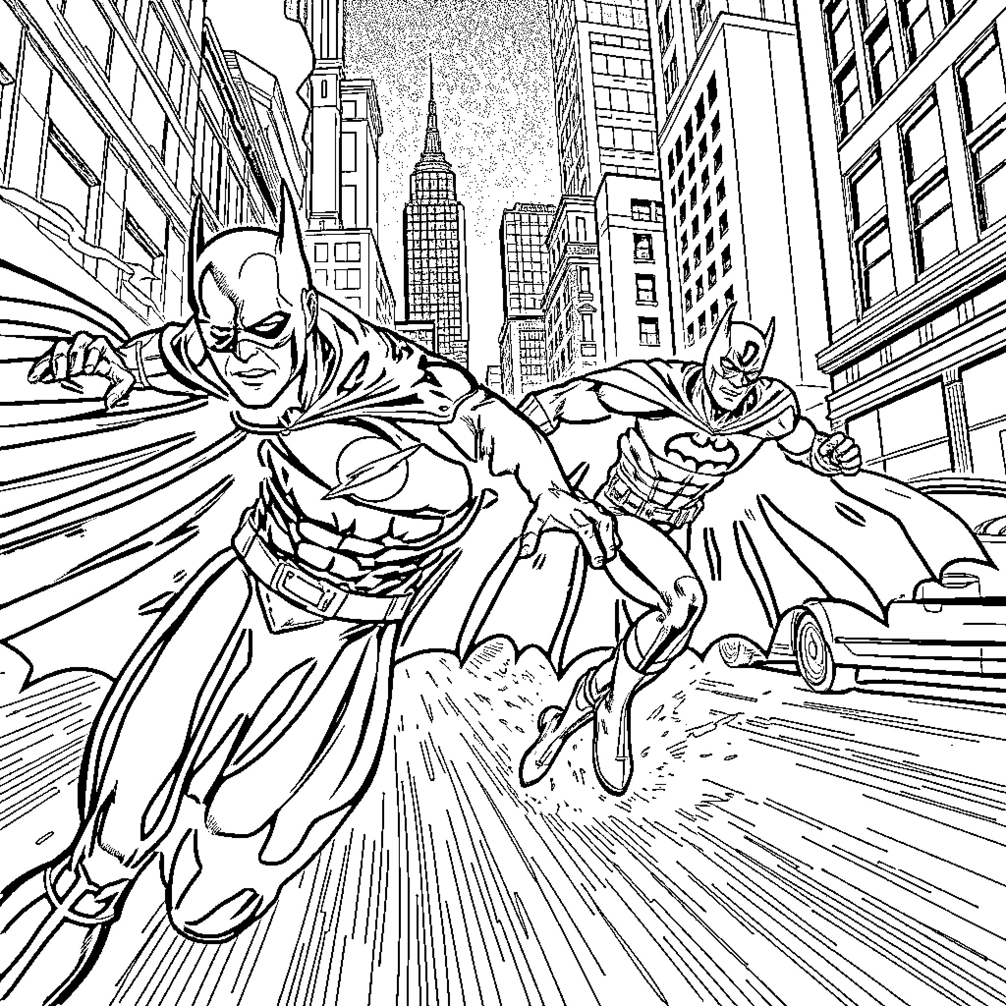 Flash of Heroes in the City Coloring Page (free black-and-white line drawing printable PDF for all, from beginners to advanced learners, including children, teens, adults, and seniors)