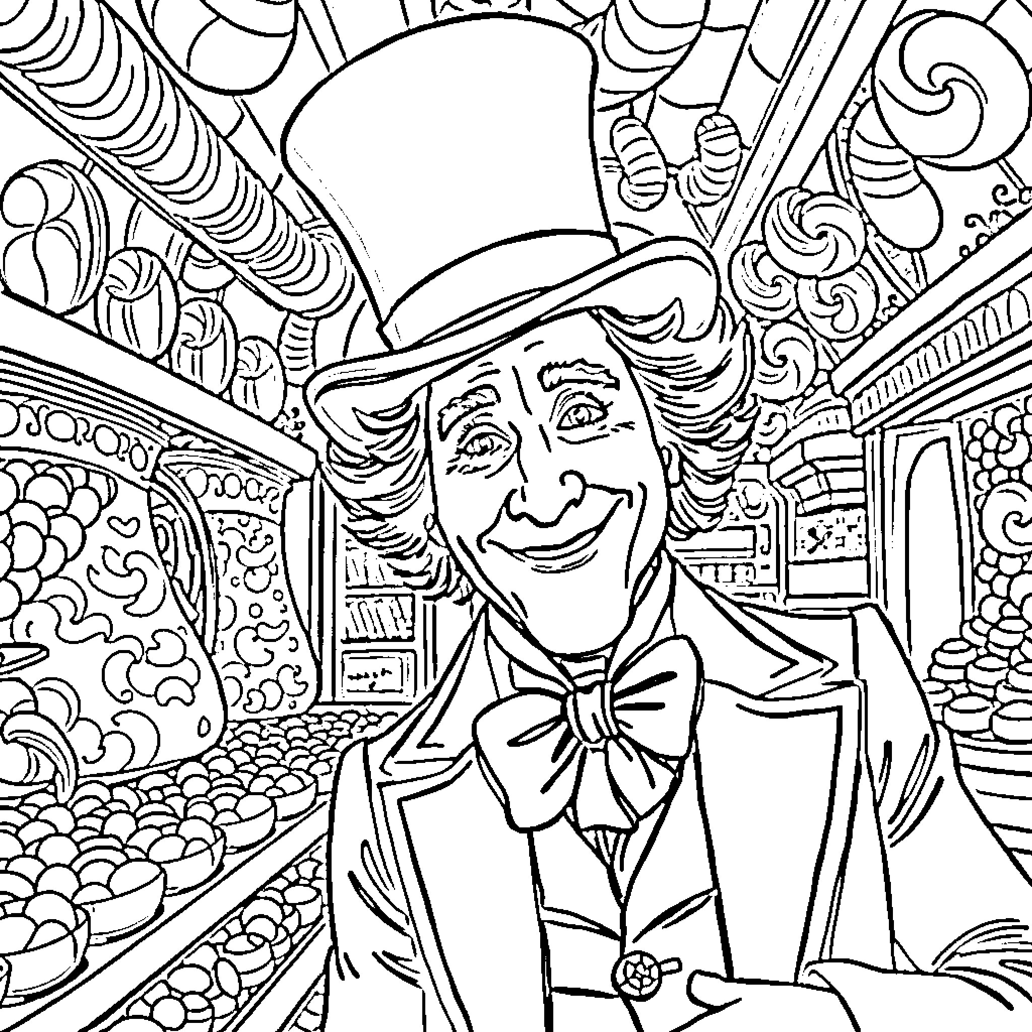 Willy Wonka's Whimsical Wonderland Coloring Page (free black-and-white line drawing printable PDF for all, from beginners to advanced learners, including children, teens, adults, and seniors)