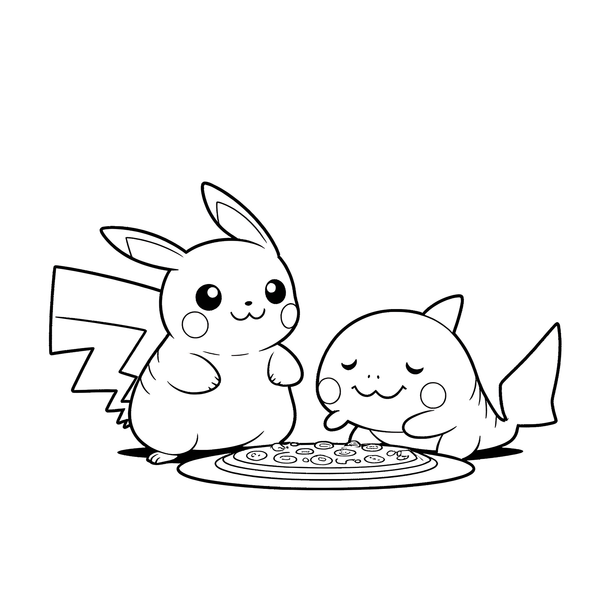 Pikachu friends enjoying a meal together Coloring Page (free black-and-white line drawing printable PDF for all, from beginners to advanced learners, including children, teens, adults, and seniors)