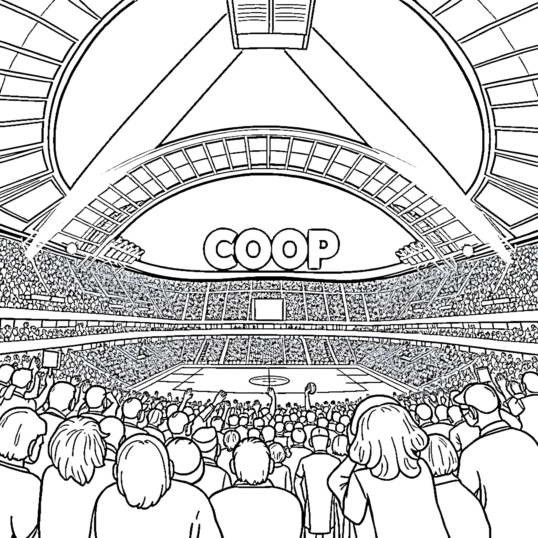 Arena of Competitive Sports Event Coloring Page (free black-and-white line drawing printable PDF for all, from beginners to advanced learners, including children, teens, adults, and seniors)