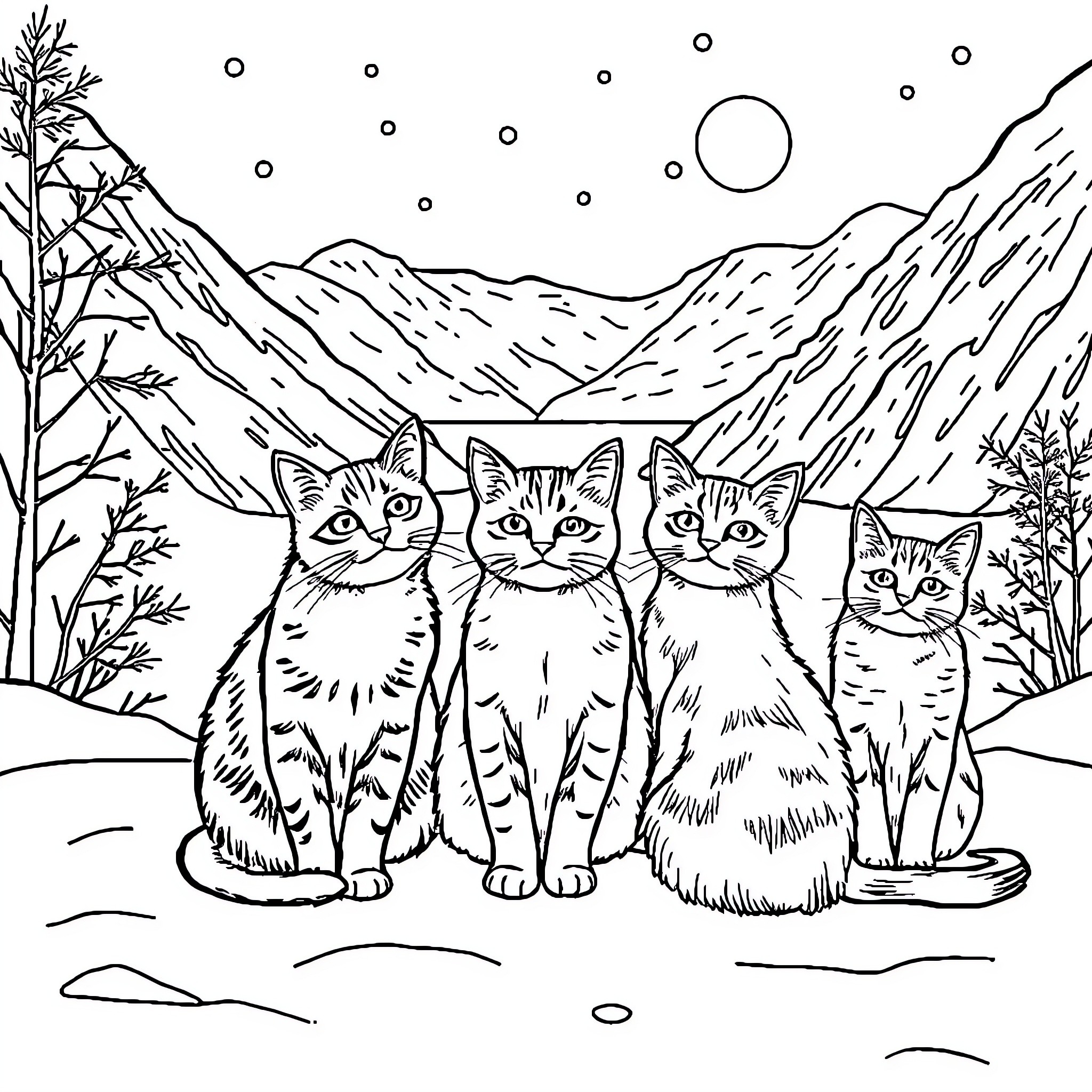 Cat group exploring snowy mountain landscape Coloring Page (free black-and-white line drawing printable PDF for all, from beginners to advanced learners, including children, teens, adults, and seniors)