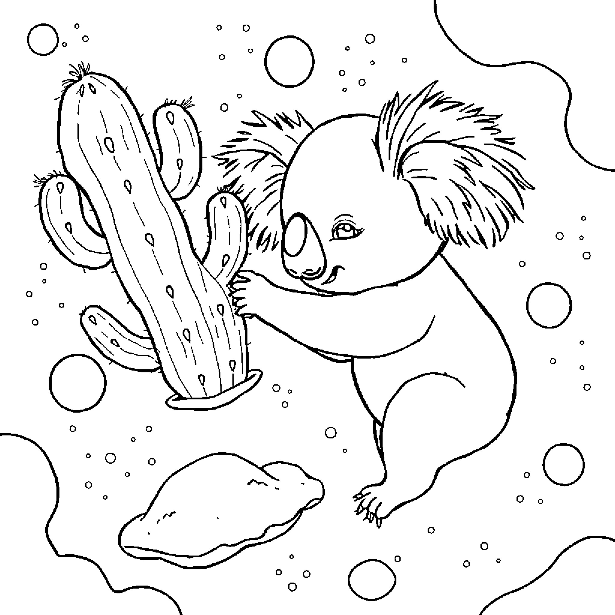Koala hugging a cactus in a bubbly environment Coloring Page (free black-and-white line drawing printable PDF for all, from beginners to advanced learners, including children, teens, adults, and seniors)