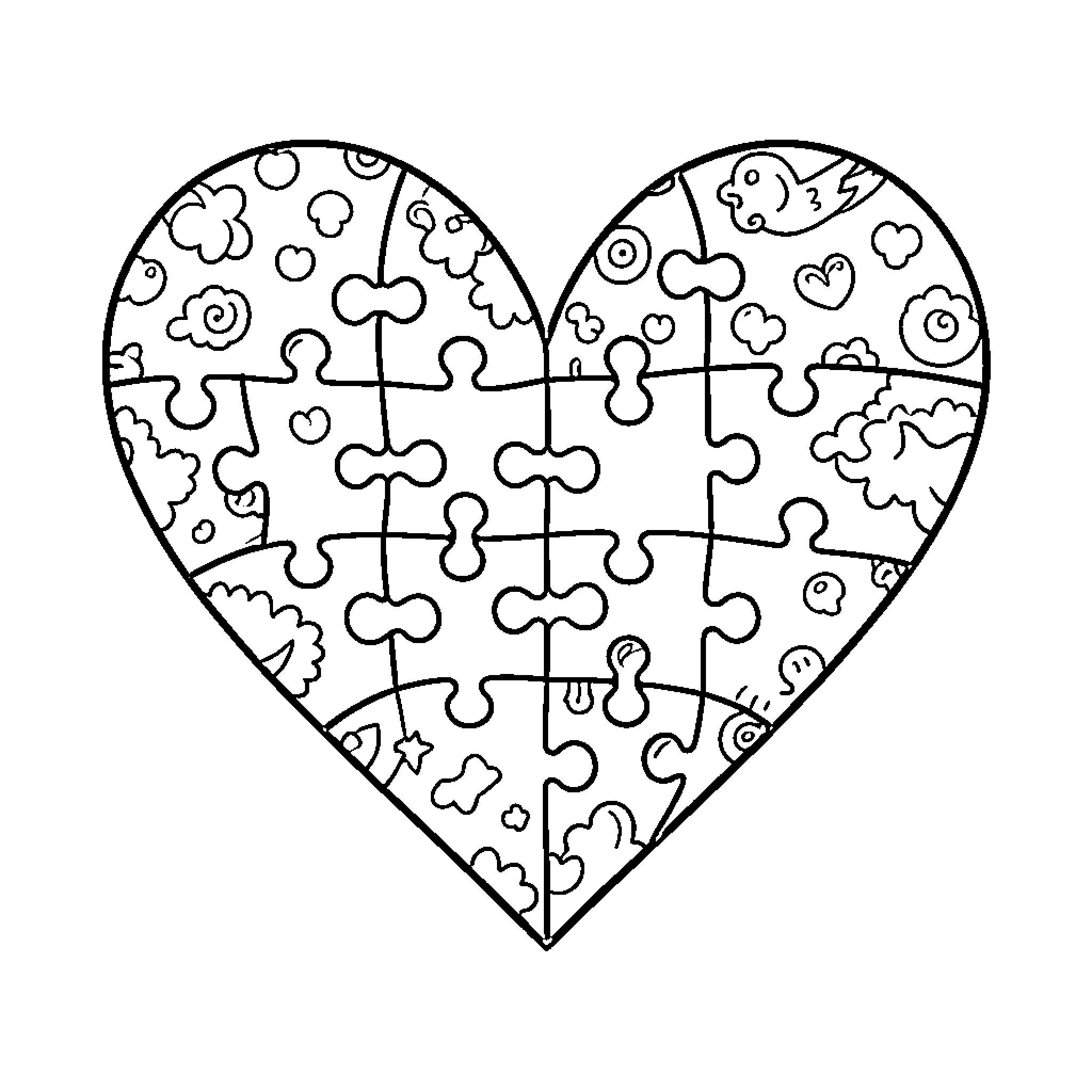 Heart-shaped Puzzle with Whimsical Patterns Coloring Page (free black-and-white line drawing printable PDF for all, from beginners to advanced learners, including children, teens, adults, and seniors)