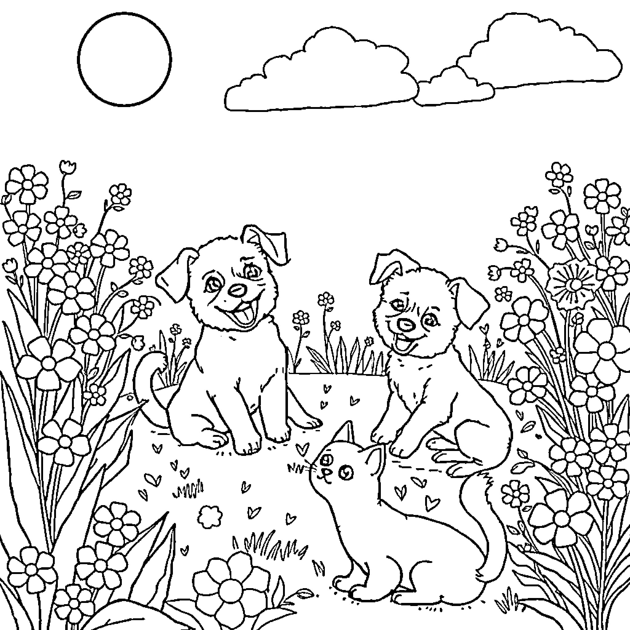 Dog and Cat playing in the flower garden Coloring Page (free black-and-white line drawing printable PDF for all, from beginners to advanced learners, including children, teens, adults, and seniors)