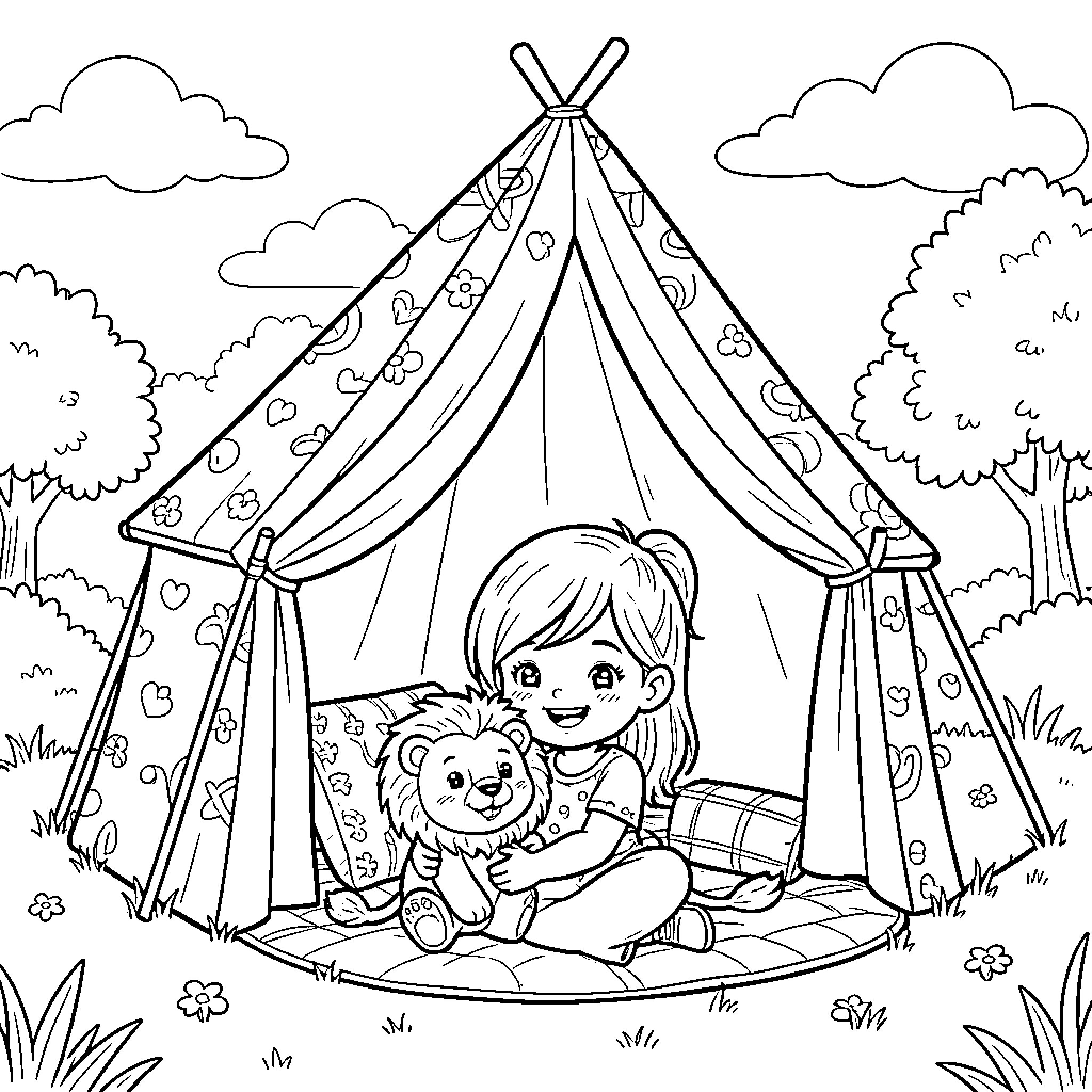 Nina's Cozy Camping Adventure Coloring Page (free black-and-white line drawing printable PDF for all, from beginners to advanced learners, including children, teens, adults, and seniors)