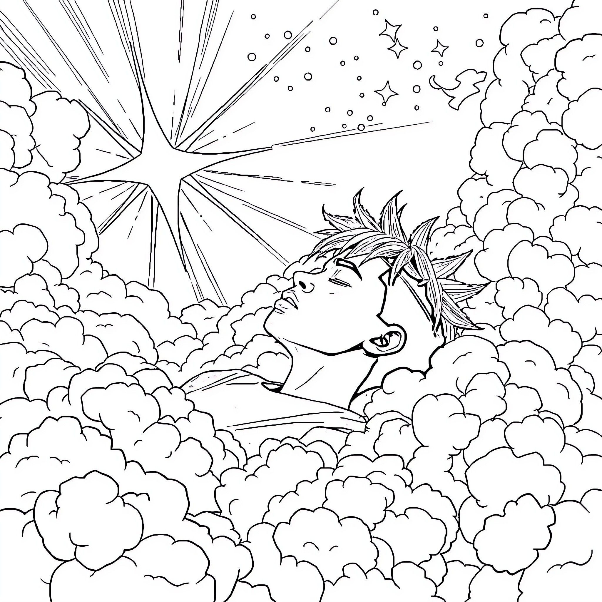 Xxxtentacion in the clouds surrounded by stars Coloring Page (free black-and-white line drawing printable PDF for all, from beginners to advanced learners, including children, teens, adults, and seniors)