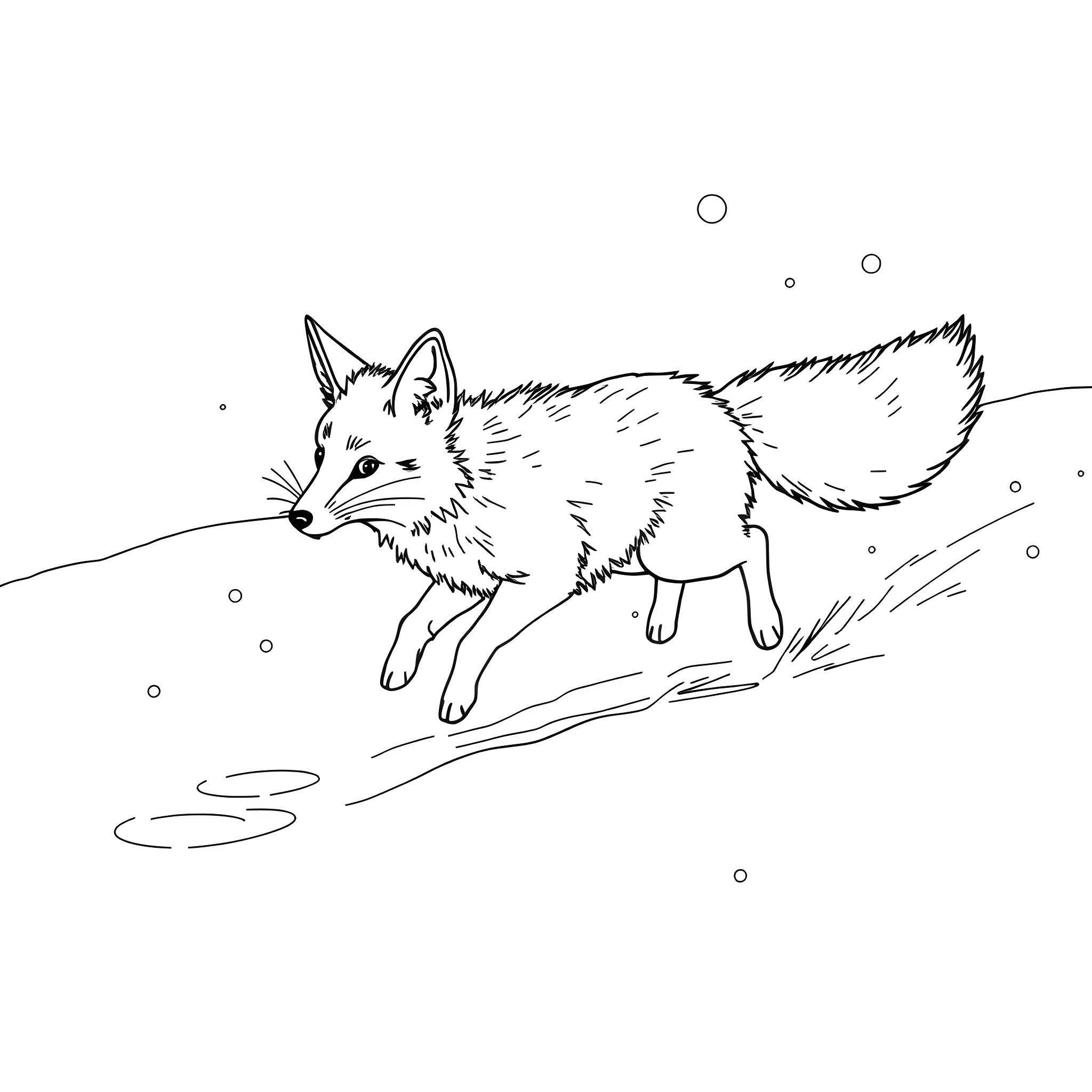 Fox dashing through the snowy landscape Coloring Page (free black-and-white line drawing printable PDF for all, from beginners to advanced learners, including children, teens, adults, and seniors)