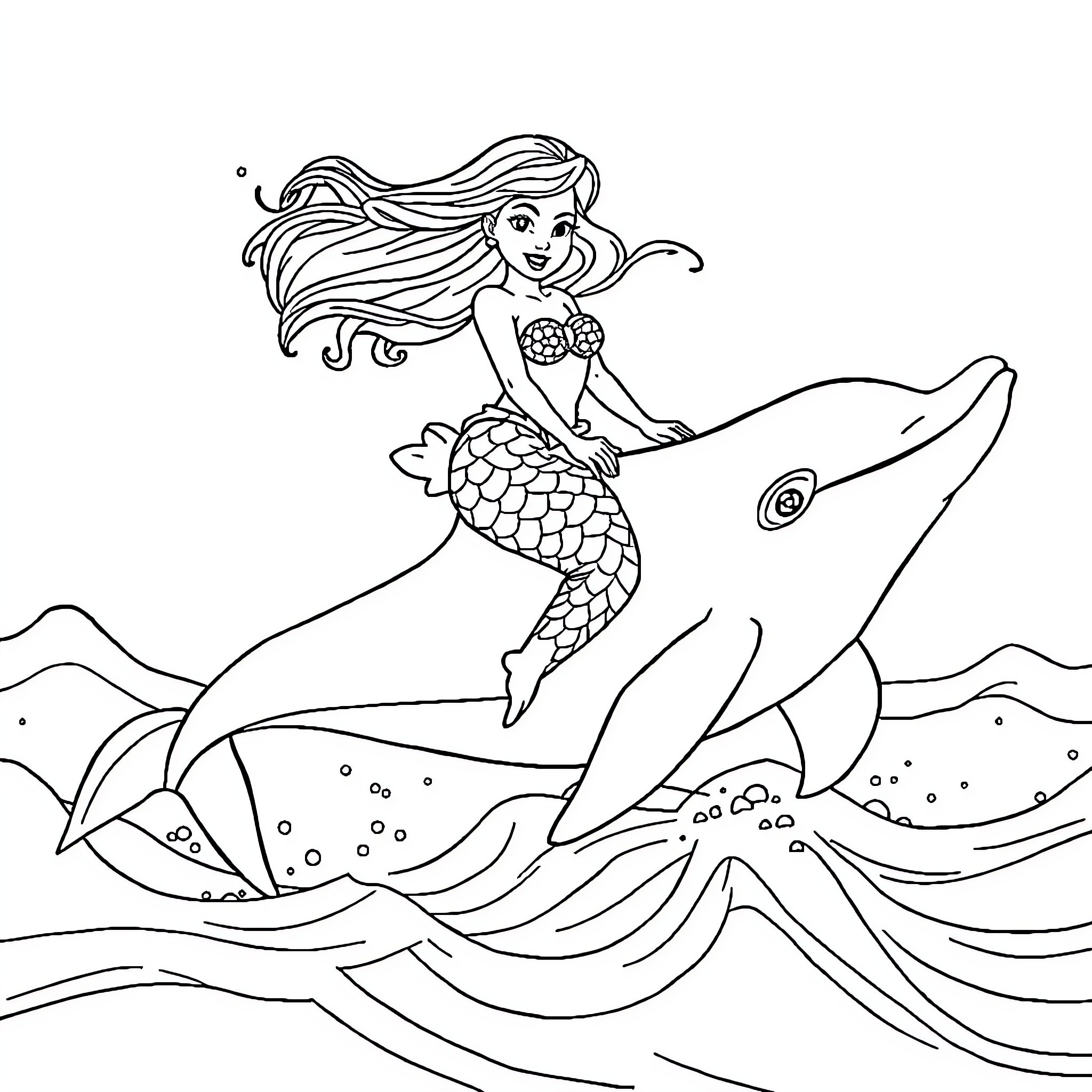 Mermaid riding a friendly dolphin Coloring Page (free black-and-white line drawing printable PDF for all, from beginners to advanced learners, including children, teens, adults, and seniors)