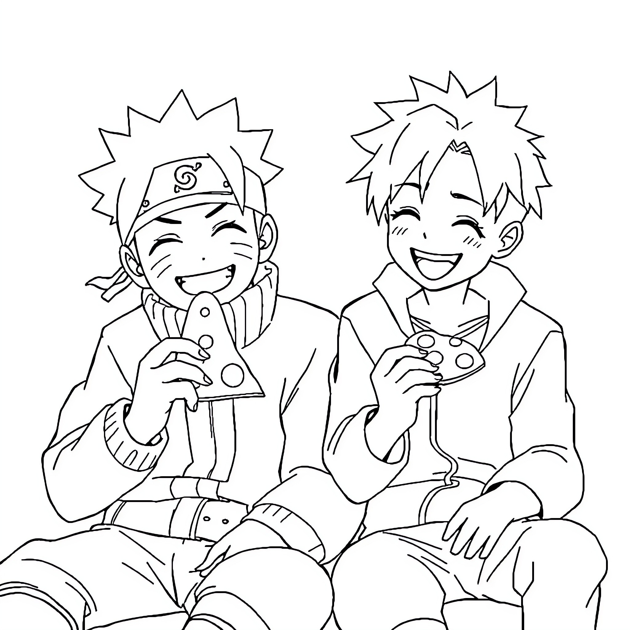 Naruto characters enjoying a playful moment Coloring Page (free black-and-white line drawing printable PDF for all, from beginners to advanced learners, including children, teens, adults, and seniors)