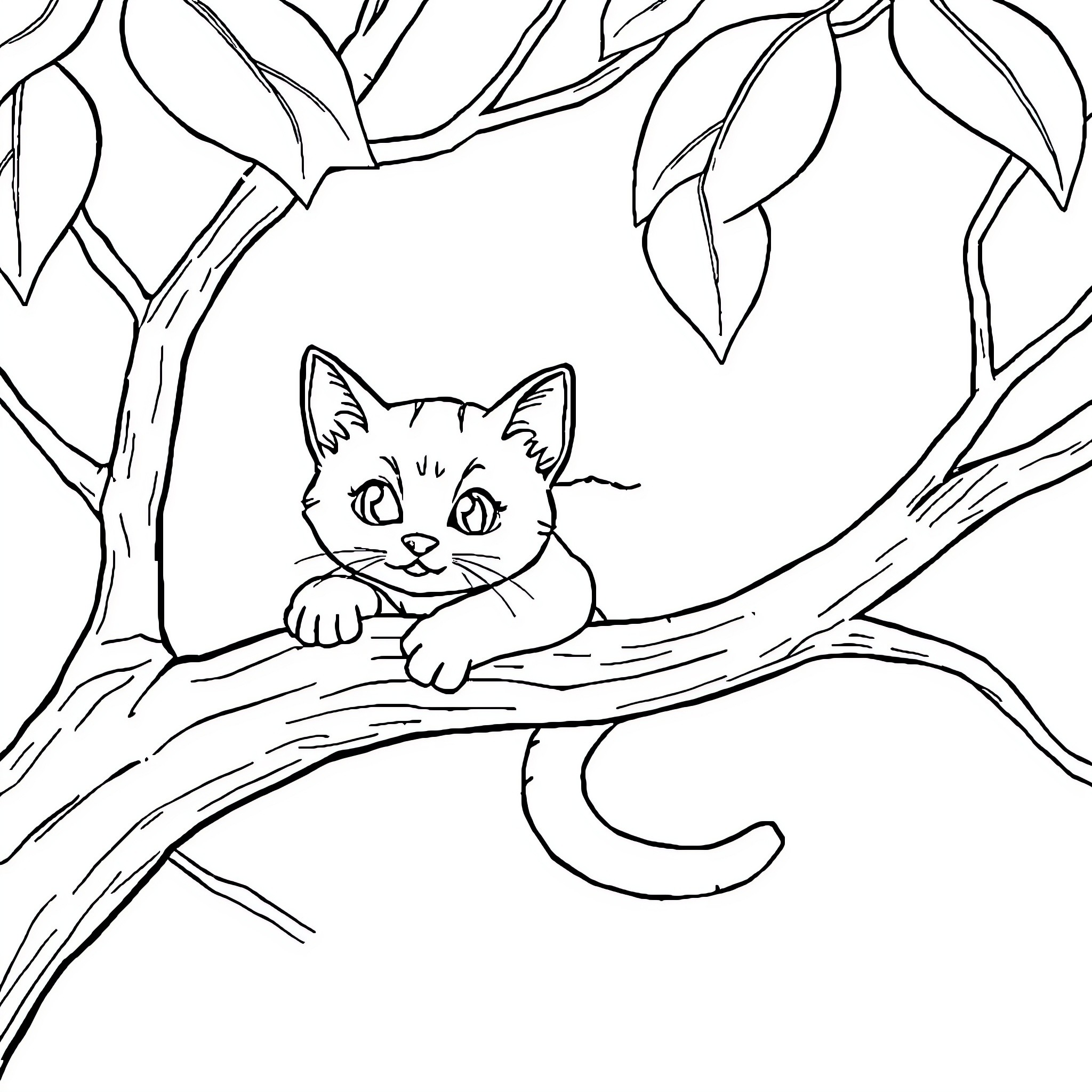 Cat peeking through leaves in tree Coloring Page (free black-and-white line drawing printable PDF for all, from beginners to advanced learners, including children, teens, adults, and seniors)