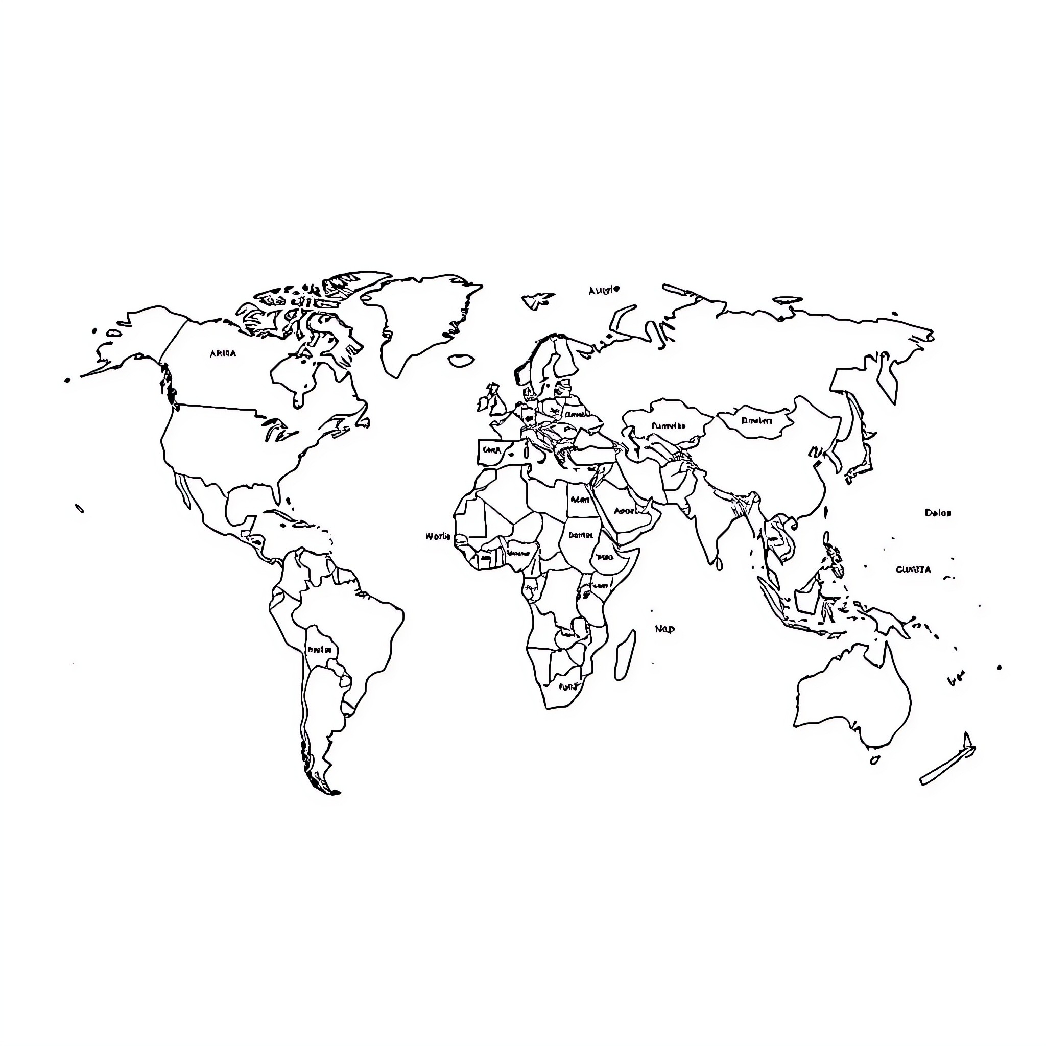 Country Outlined World Map with Borders Coloring Page (free black-and-white line drawing printable PDF for all, from beginners to advanced learners, including children, teens, adults, and seniors)