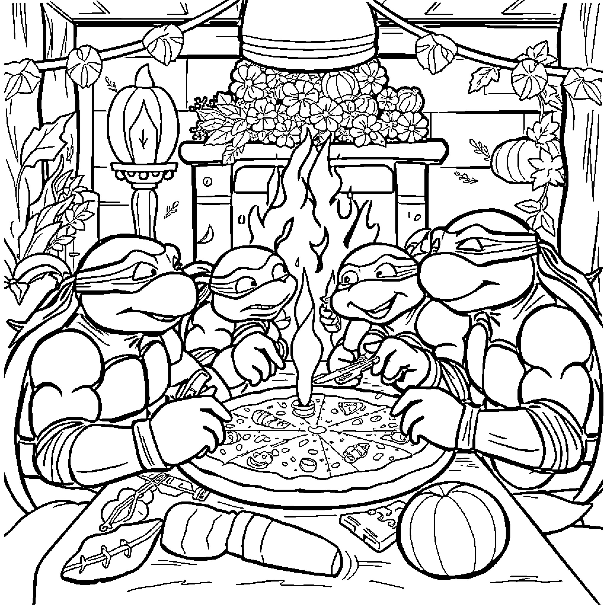 Teenage Mutant Ninja Turtles having a pizza party in the sewers Coloring Page (free black-and-white line drawing printable PDF for all, from beginners to advanced learners, including children, teens, adults, and seniors)