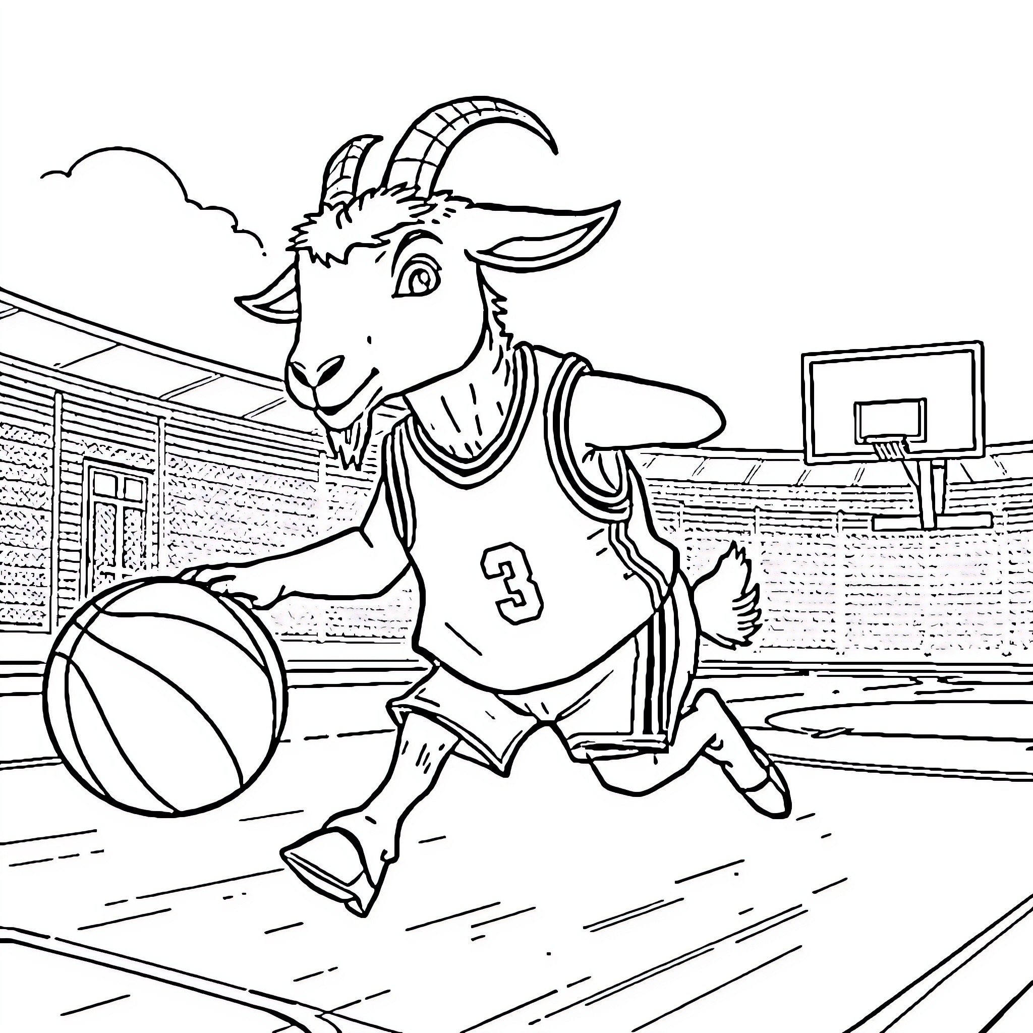 Goat playing basketball on the court Coloring Page (free black-and-white line drawing printable PDF for all, from beginners to advanced learners, including children, teens, adults, and seniors)