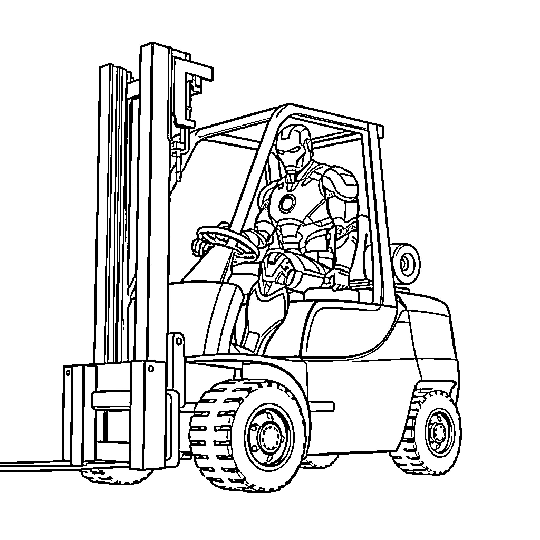 Iron Man operating a forklift truck Coloring Page (free black-and-white line drawing printable PDF for all, from beginners to advanced learners, including children, teens, adults, and seniors)
