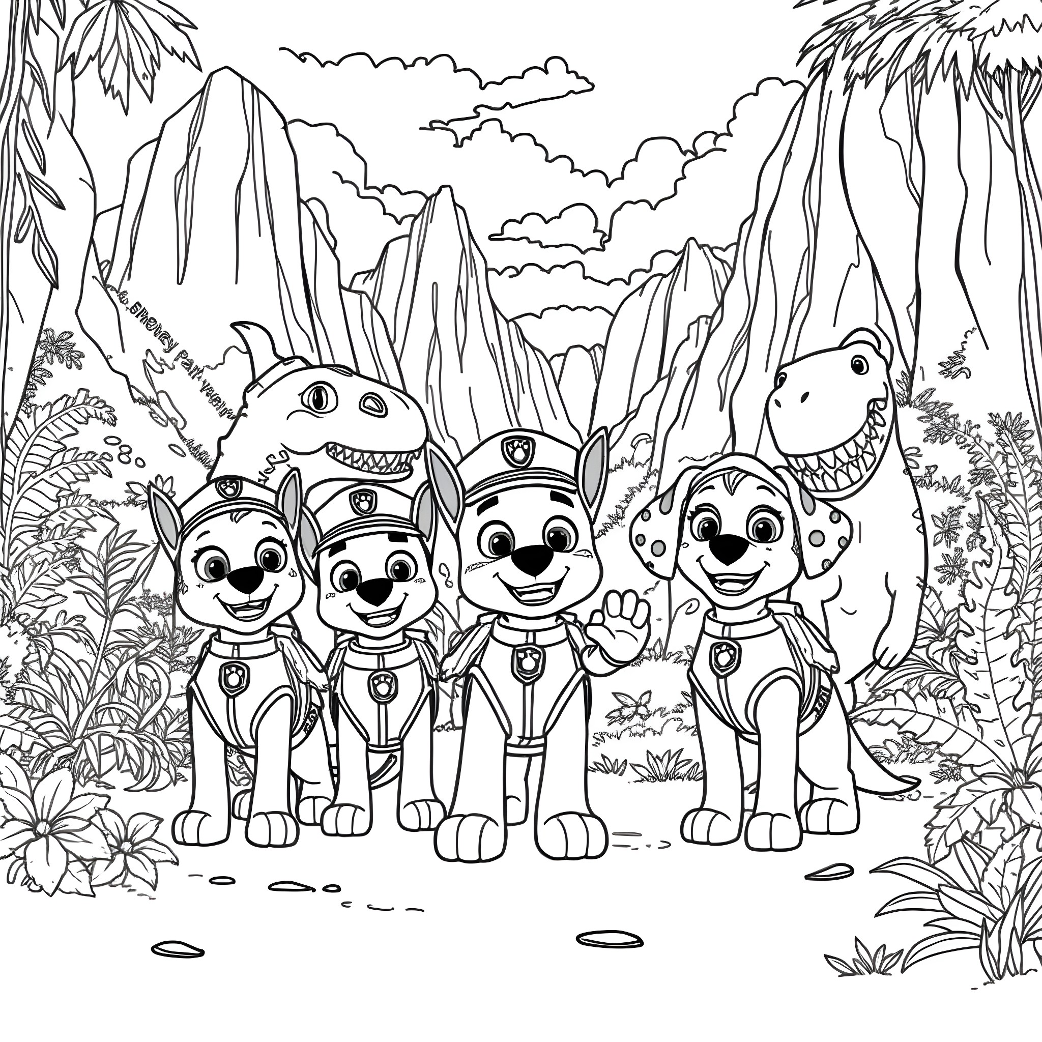 Paw Patrol team exploring the jungle landscape Coloring Page (free black-and-white line drawing printable PDF for all, from beginners to advanced learners, including children, teens, adults, and seniors)