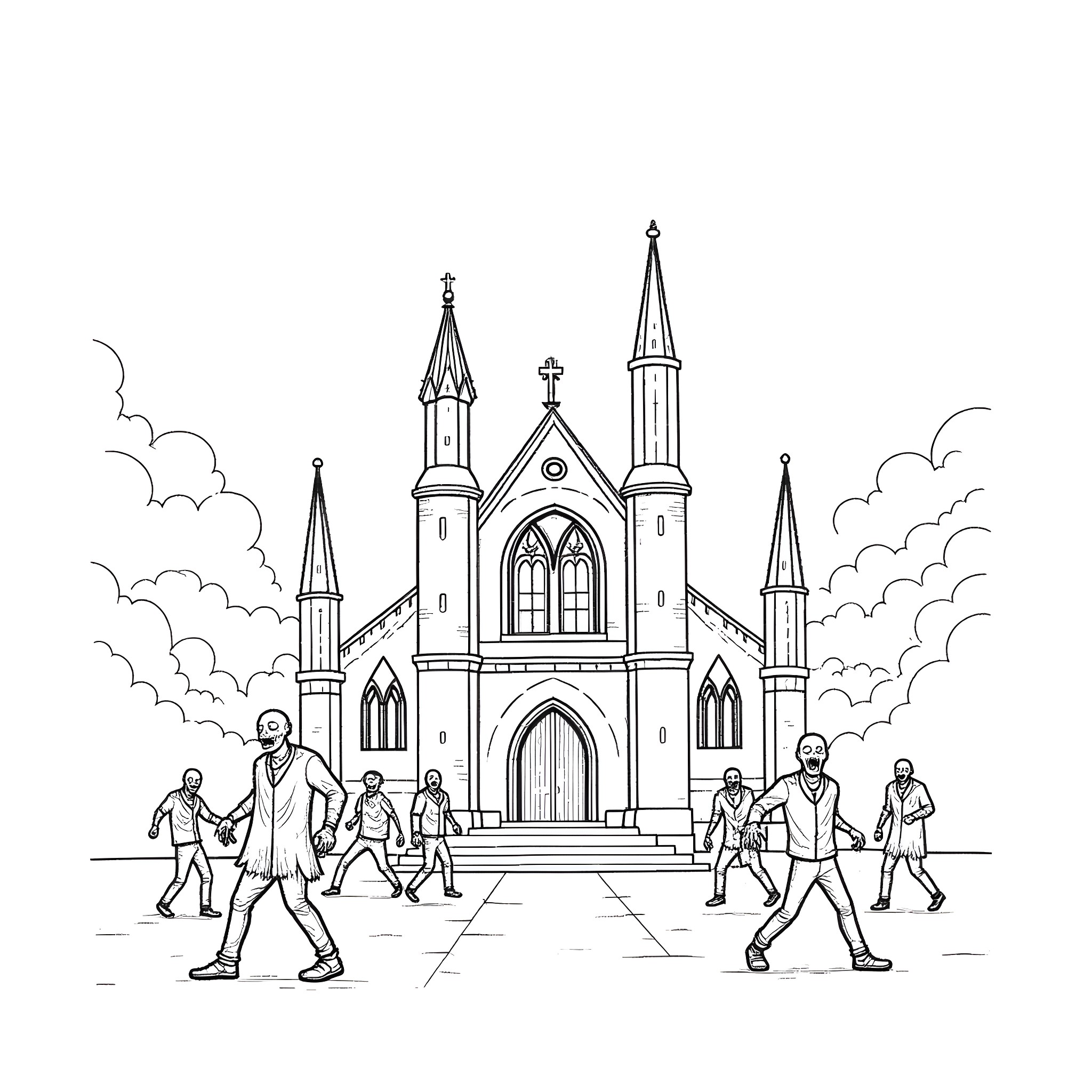 Zombie mob storming an old gothic church Coloring Page (free black-and-white line drawing printable PDF for all, from beginners to advanced learners, including children, teens, adults, and seniors)