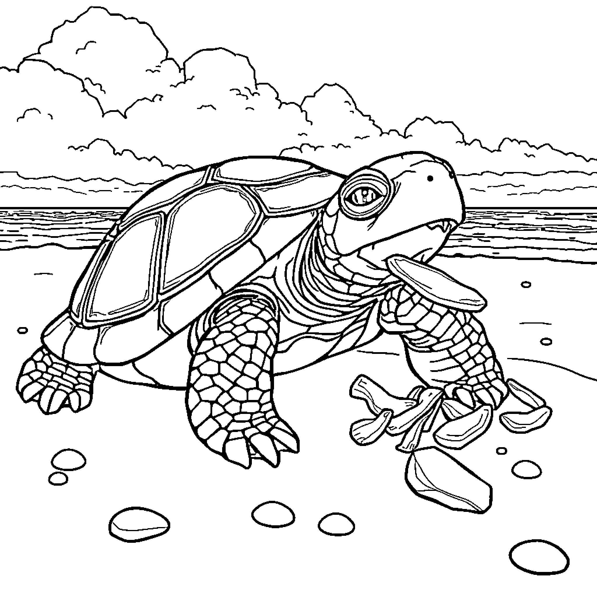 Turtle relaxing on the beach Coloring Page (free black-and-white line drawing printable PDF for all, from beginners to advanced learners, including children, teens, adults, and seniors)