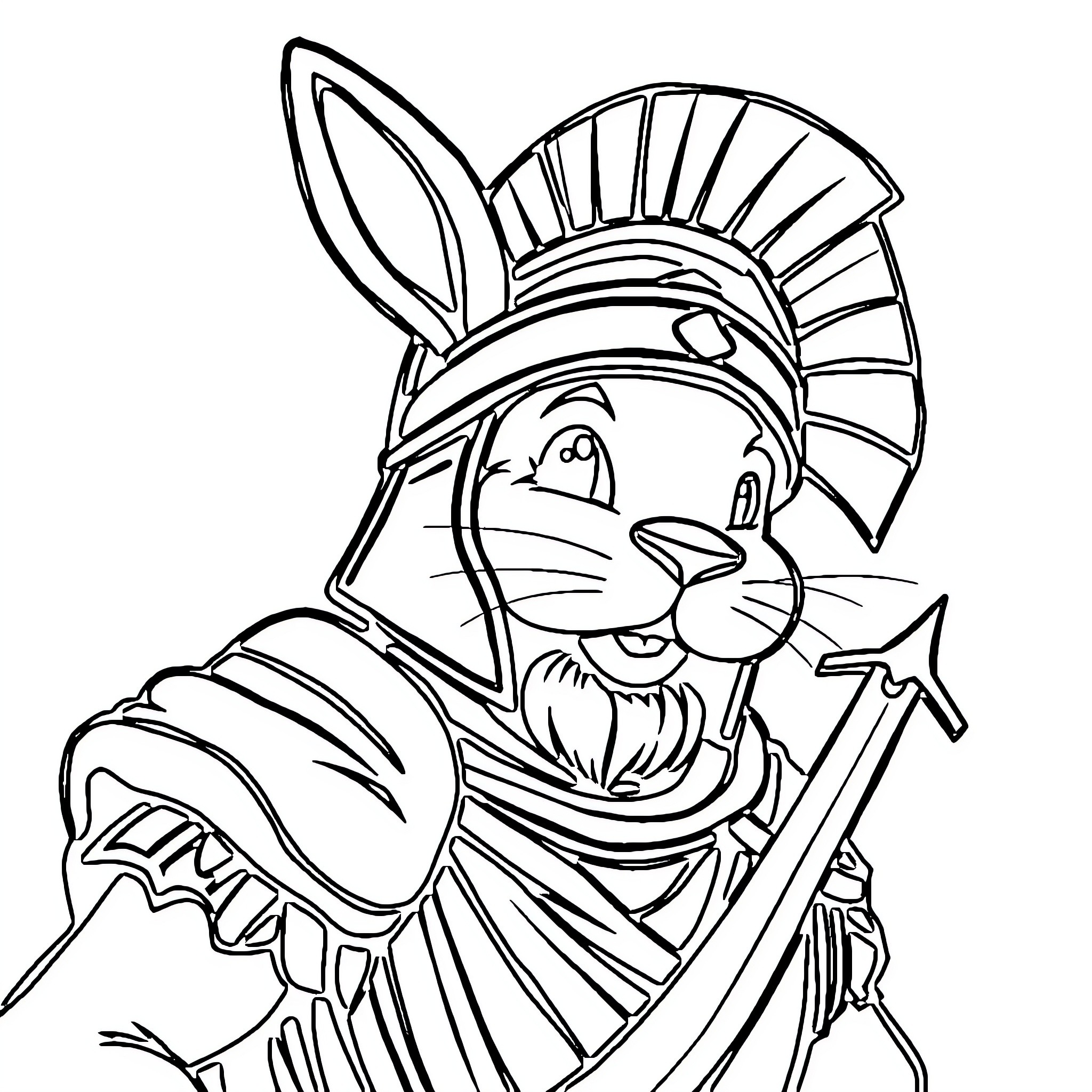 Roman Soldier Rabbit in Uniform Holding Sword Coloring Page (free black-and-white line drawing printable PDF for all, from beginners to advanced learners, including children, teens, adults, and seniors)