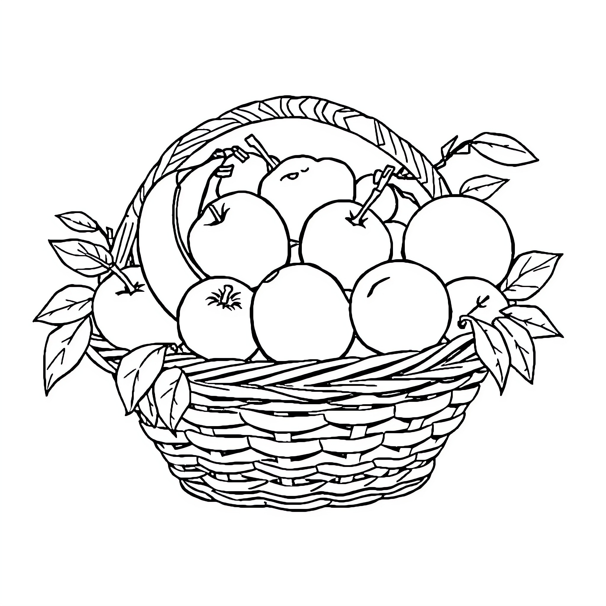 Fruit Basket with Assorted Produce Coloring Page (free black-and-white line drawing printable PDF for all, from beginners to advanced learners, including children, teens, adults, and seniors)