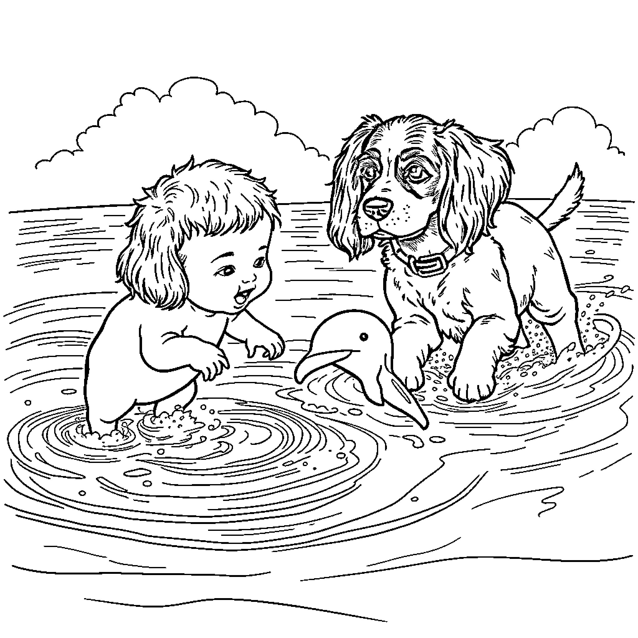 Bebe playing happily with dog in the water Coloring Page (free black-and-white line drawing printable PDF for all, from beginners to advanced learners, including children, teens, adults, and seniors)