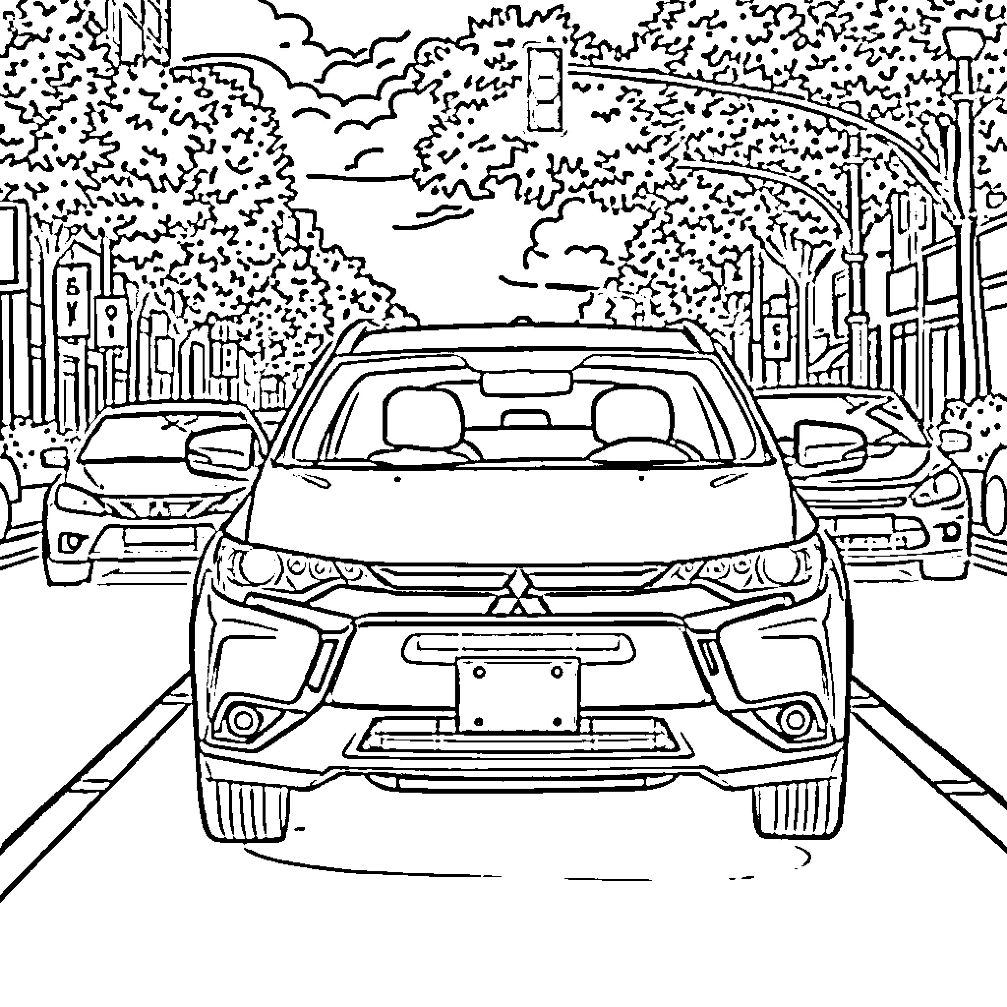 Mitsubishi vehicles navigating an urban landscape Coloring Page (free black-and-white line drawing printable PDF for all, from beginners to advanced learners, including children, teens, adults, and seniors)