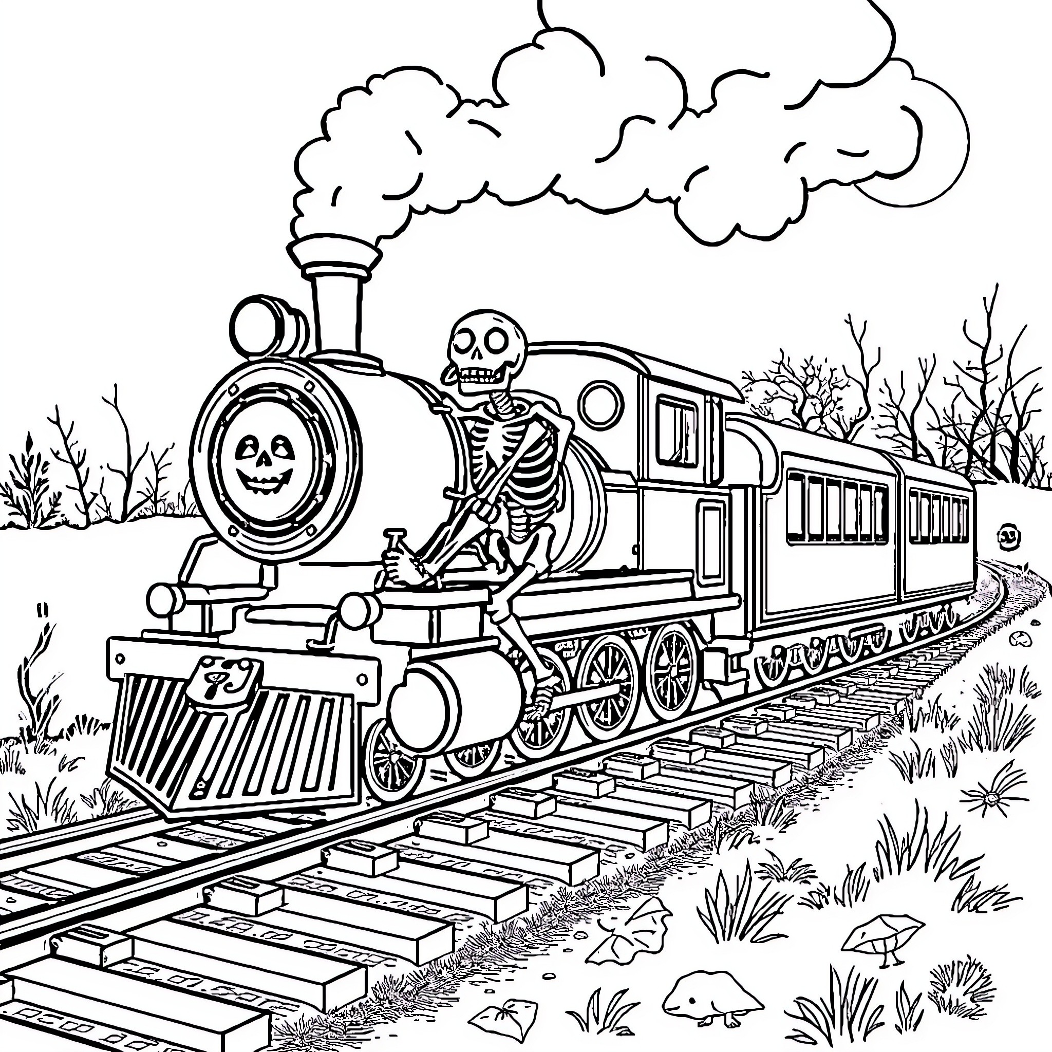 Skeleton crew operating spooky Halloween train Coloring Page (free black-and-white line drawing printable PDF for all, from beginners to advanced learners, including children, teens, adults, and seniors)