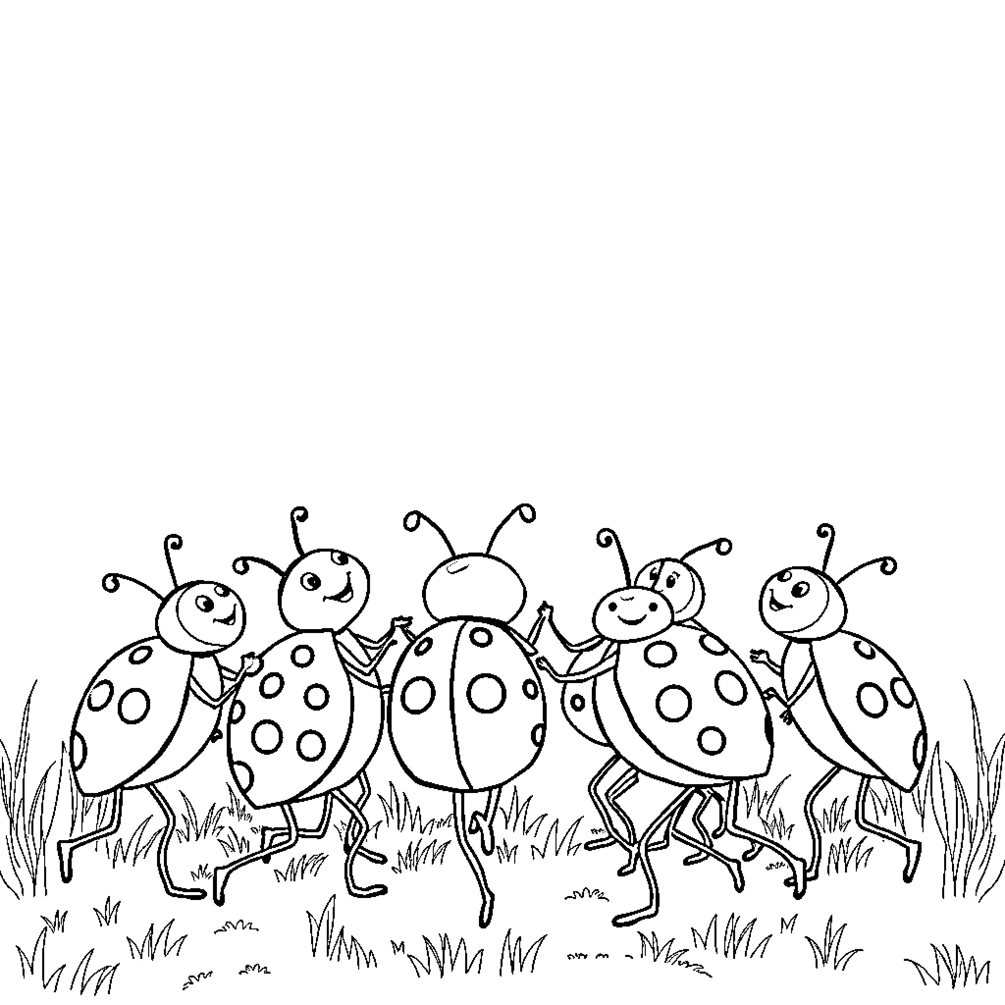 Ladybugs dancing happily in the meadow Coloring Page (free black-and-white line drawing printable PDF for all, from beginners to advanced learners, including children, teens, adults, and seniors)