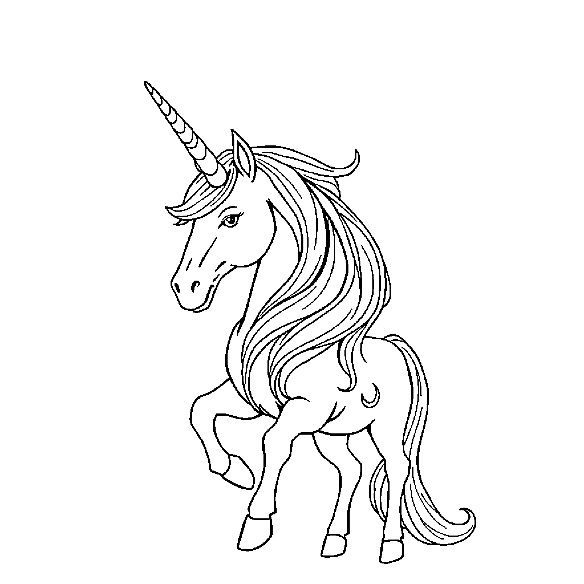 Unicorn with flowing mane and horn Coloring Page (free black-and-white line drawing printable PDF for all, from beginners to advanced learners, including children, teens, adults, and seniors)